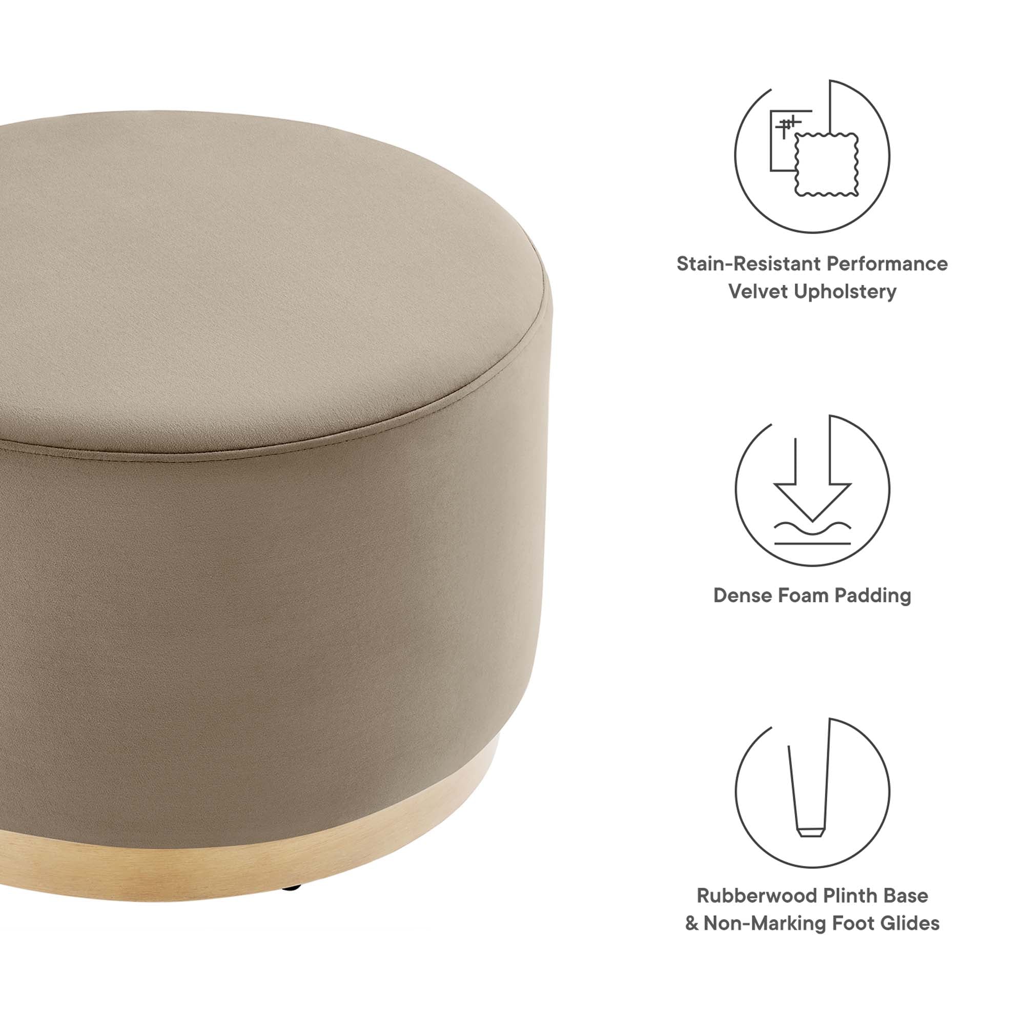 Tilden Large 23" Round Performance Velvet Upholstered Ottoman, Taupe Natural