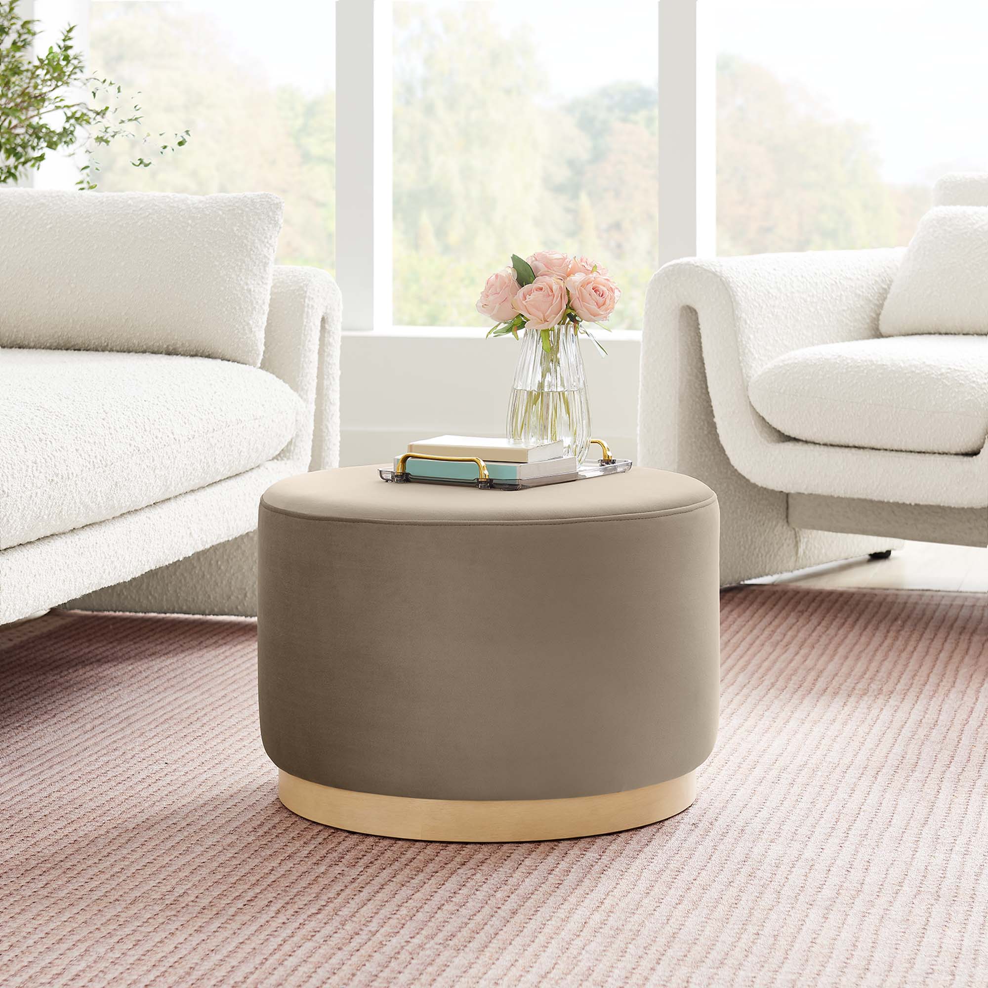 Tilden Large 23" Round Performance Velvet Upholstered Ottoman, Taupe Natural
