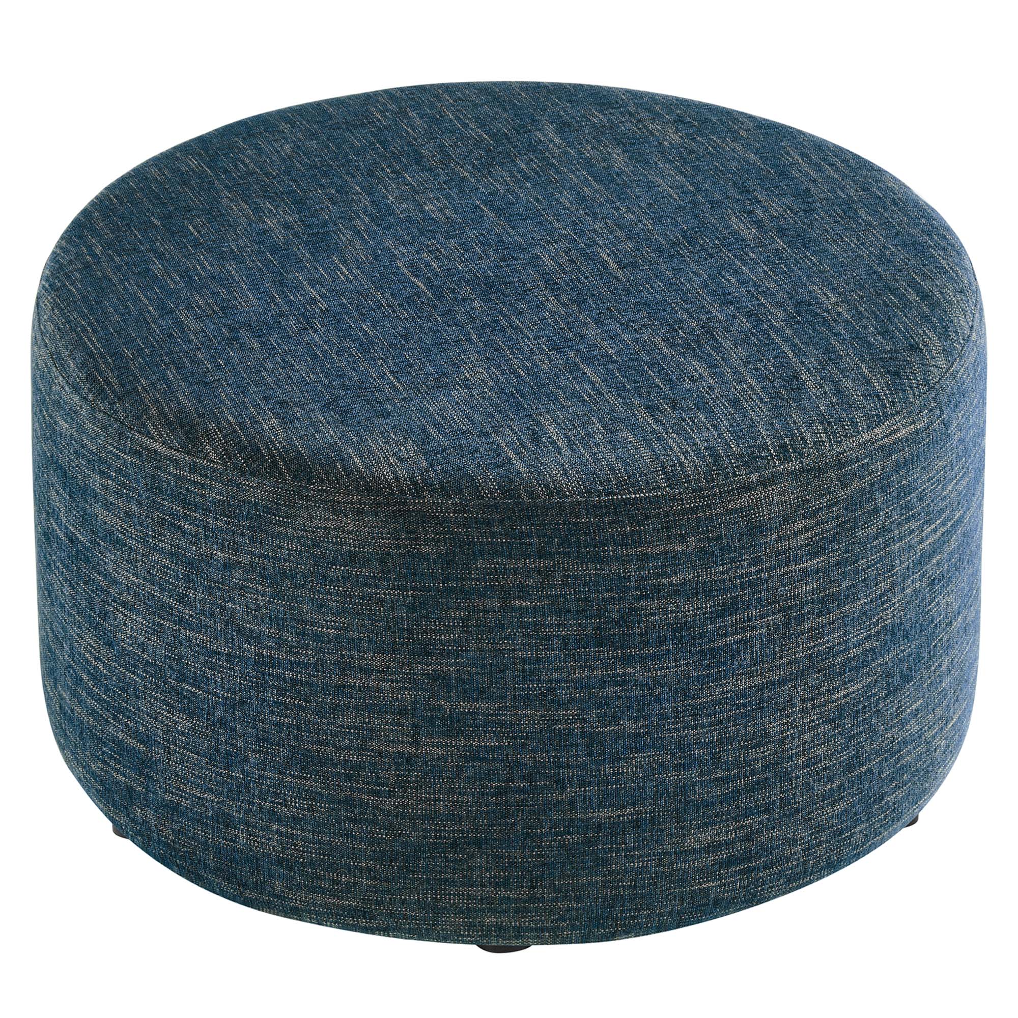 Callum Large 29" Round Woven Heathered Fabric Upholstered Ottoman, Heathered Weave Azure