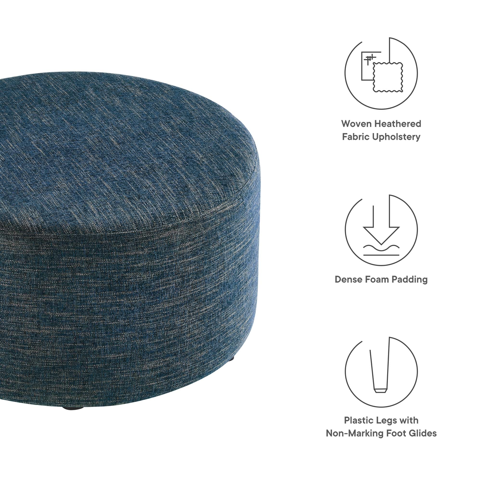 Callum Large 29" Round Woven Heathered Fabric Upholstered Ottoman, Heathered Weave Azure