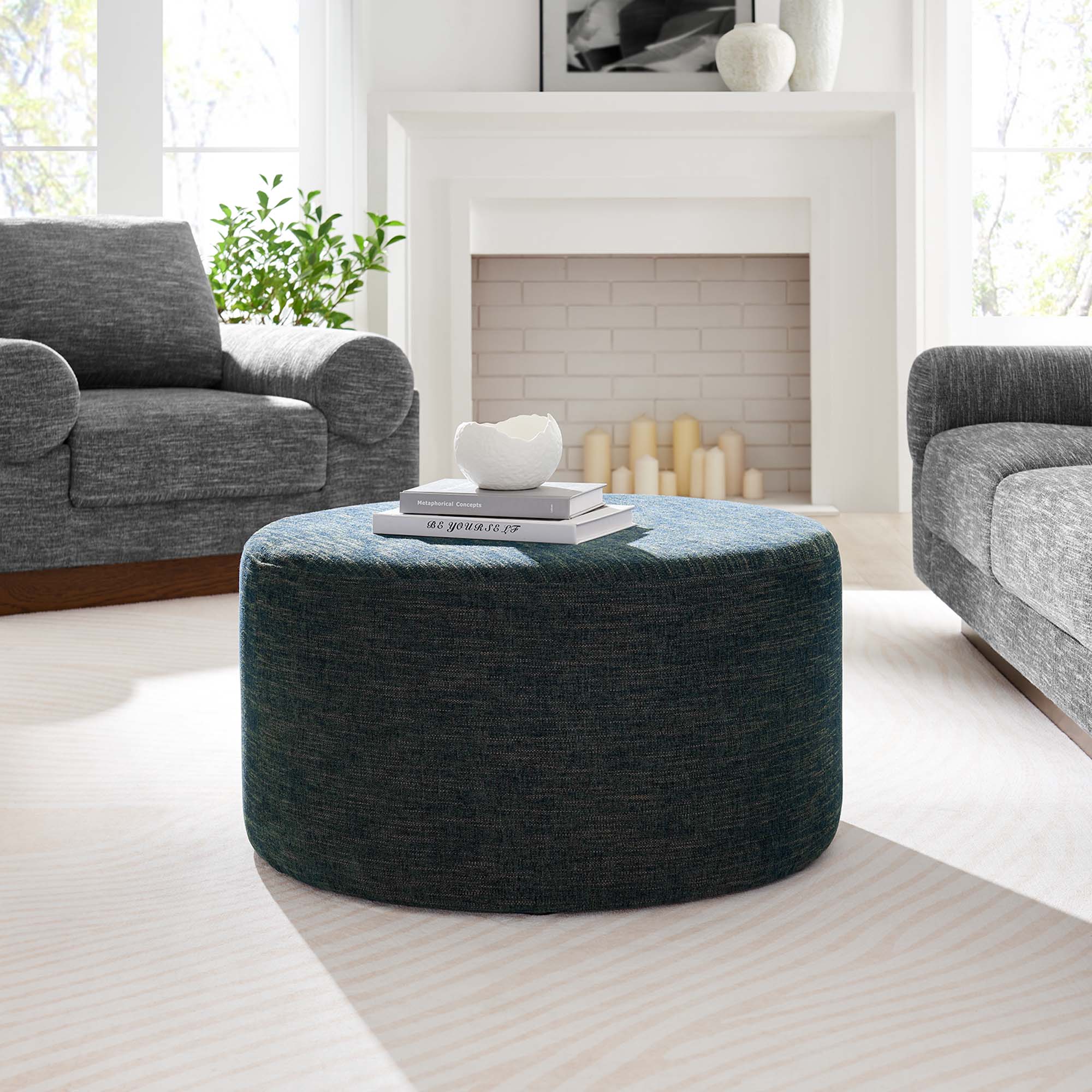 Callum Large 29" Round Woven Heathered Fabric Upholstered Ottoman, Heathered Weave Azure