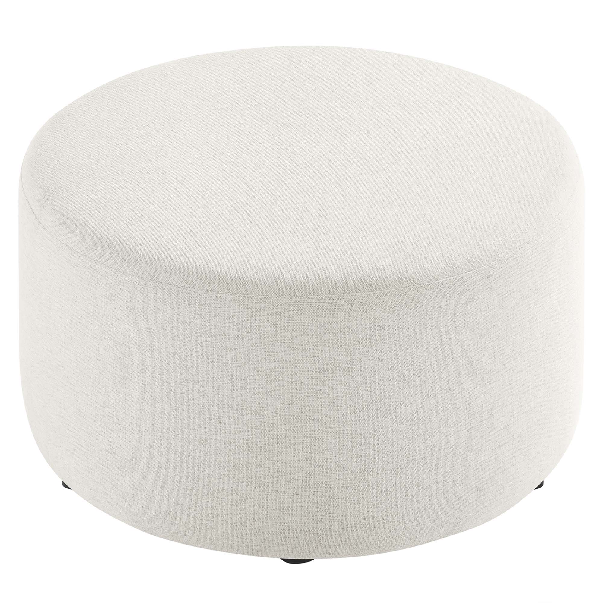 Callum Large 29" Round Woven Heathered Fabric Upholstered Ottoman, Heathered Weave Ivory