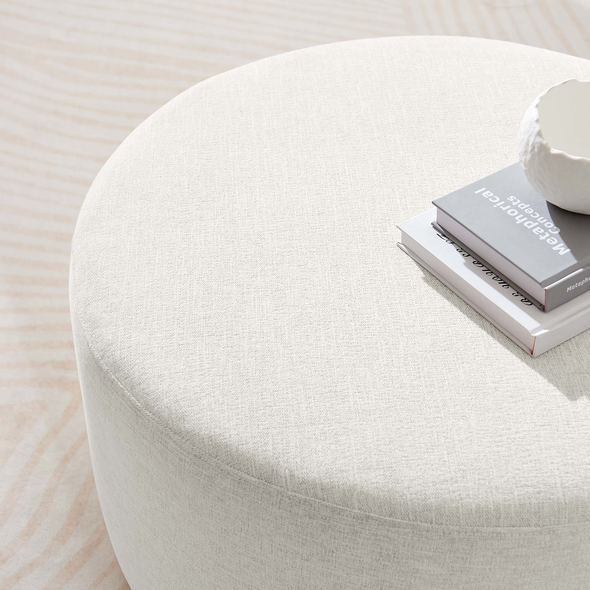 Callum Large 29" Round Woven Heathered Fabric Upholstered Ottoman, Heathered Weave Ivory