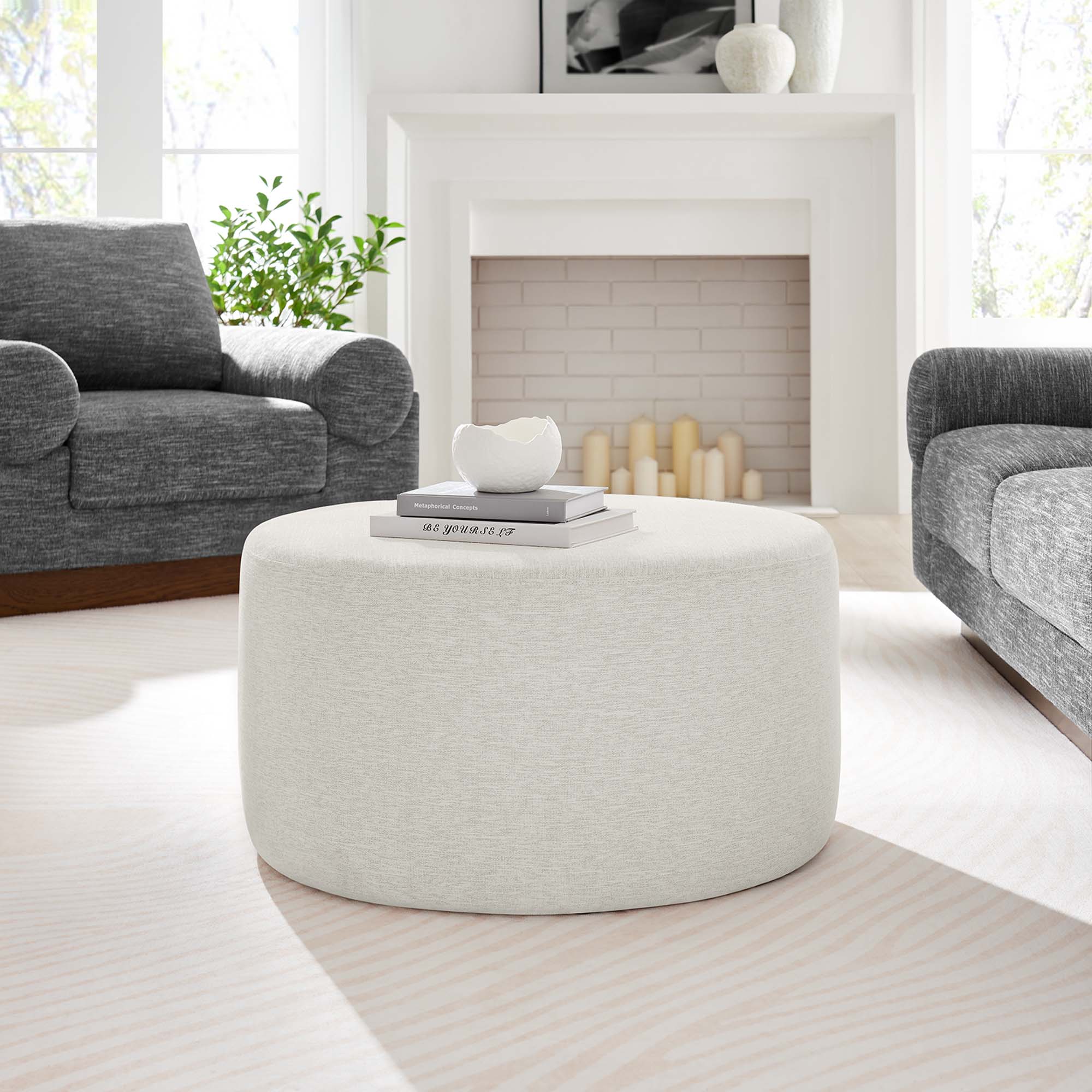 Callum Large 29" Round Woven Heathered Fabric Upholstered Ottoman, Heathered Weave Ivory