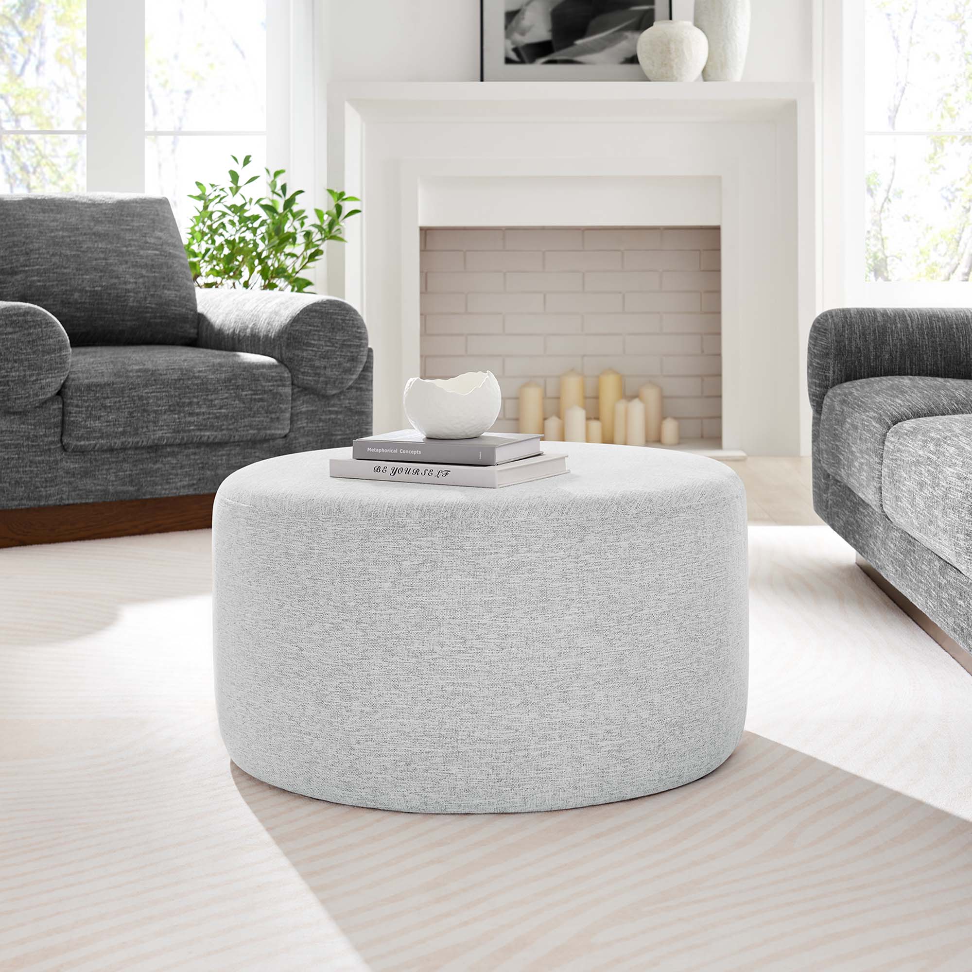 Callum Large 29" Round Woven Heathered Fabric Upholstered Ottoman, Heathered Weave Light Gray