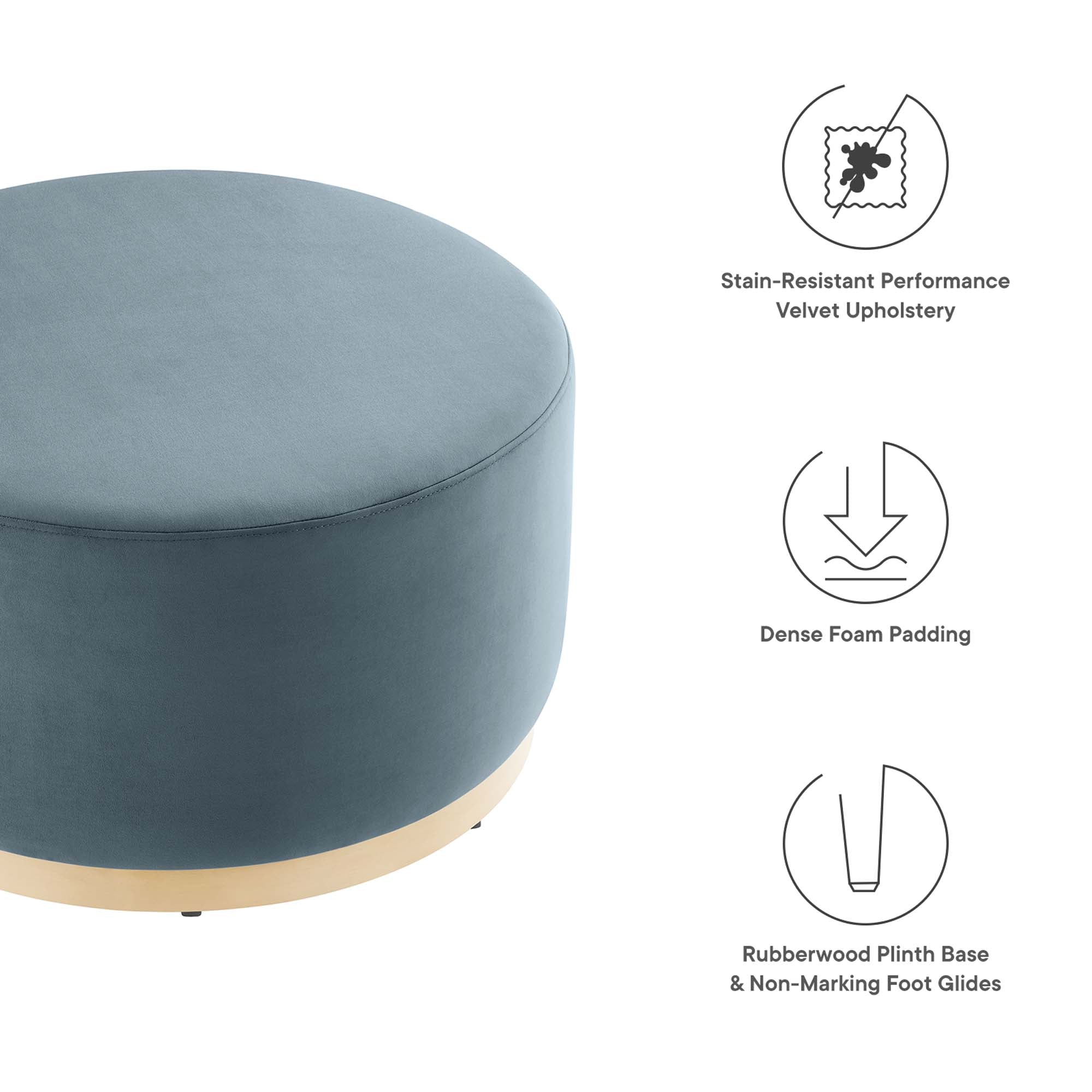 Tilden Large 29" Round Performance Velvet Upholstered Ottoman, Cadet Blue Natural