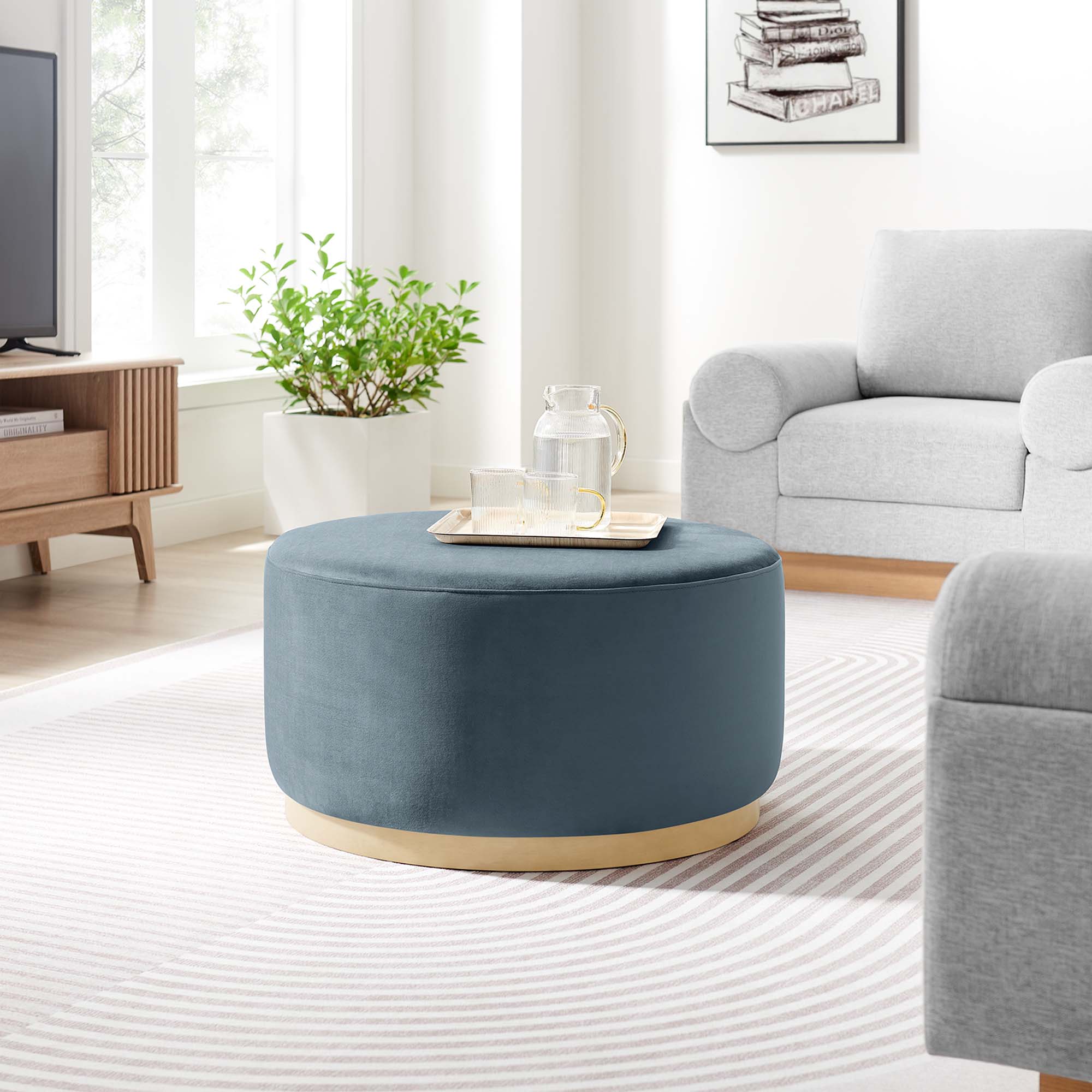 Tilden Large 29" Round Performance Velvet Upholstered Ottoman, Cadet Blue Natural