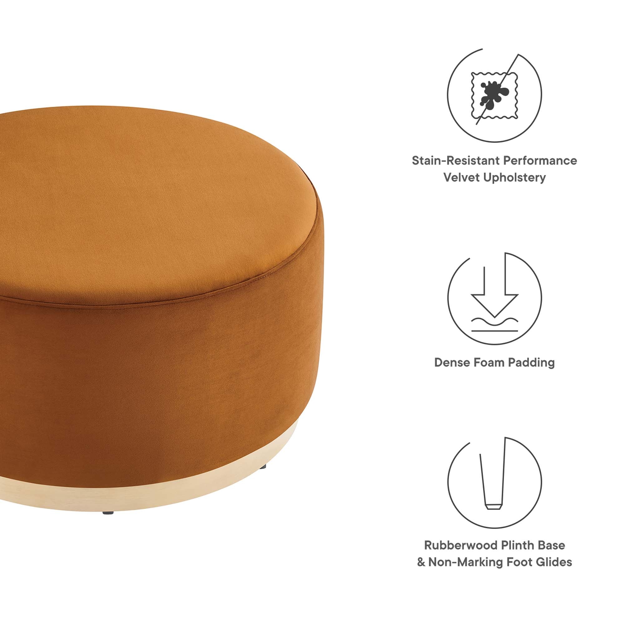 Tilden Large 29" Round Performance Velvet Upholstered Ottoman, Rust Natural