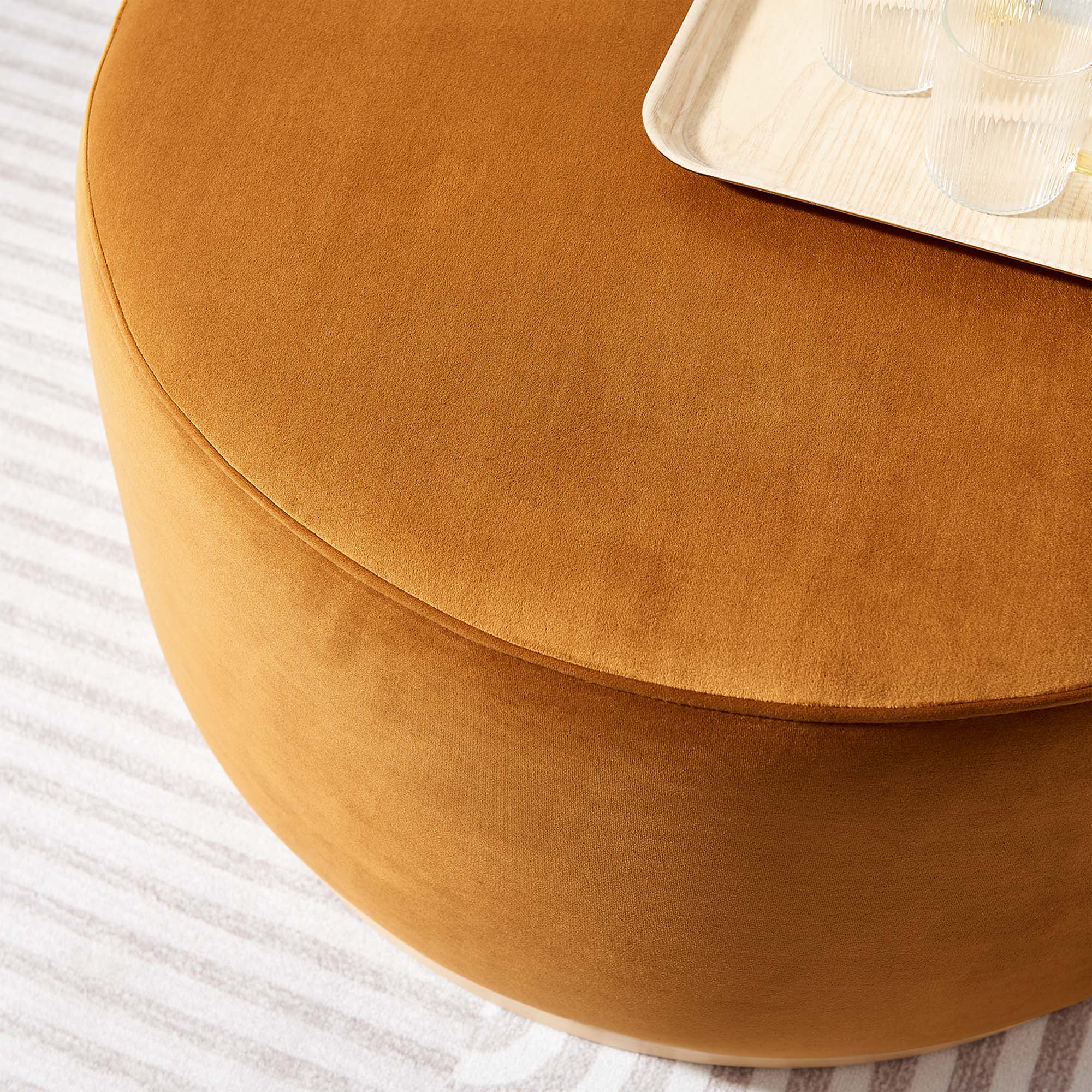 Tilden Large 29" Round Performance Velvet Upholstered Ottoman, Rust Natural