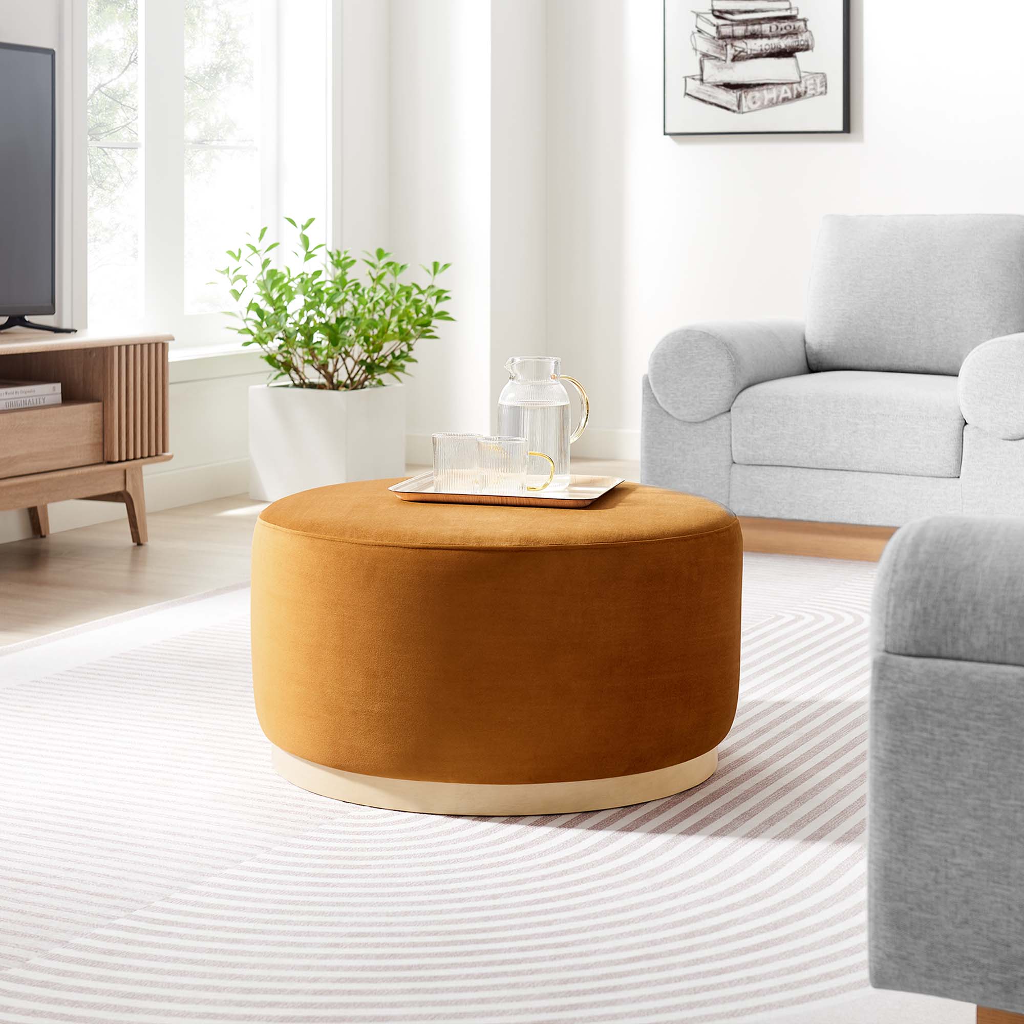 Tilden Large 29" Round Performance Velvet Upholstered Ottoman, Rust Natural