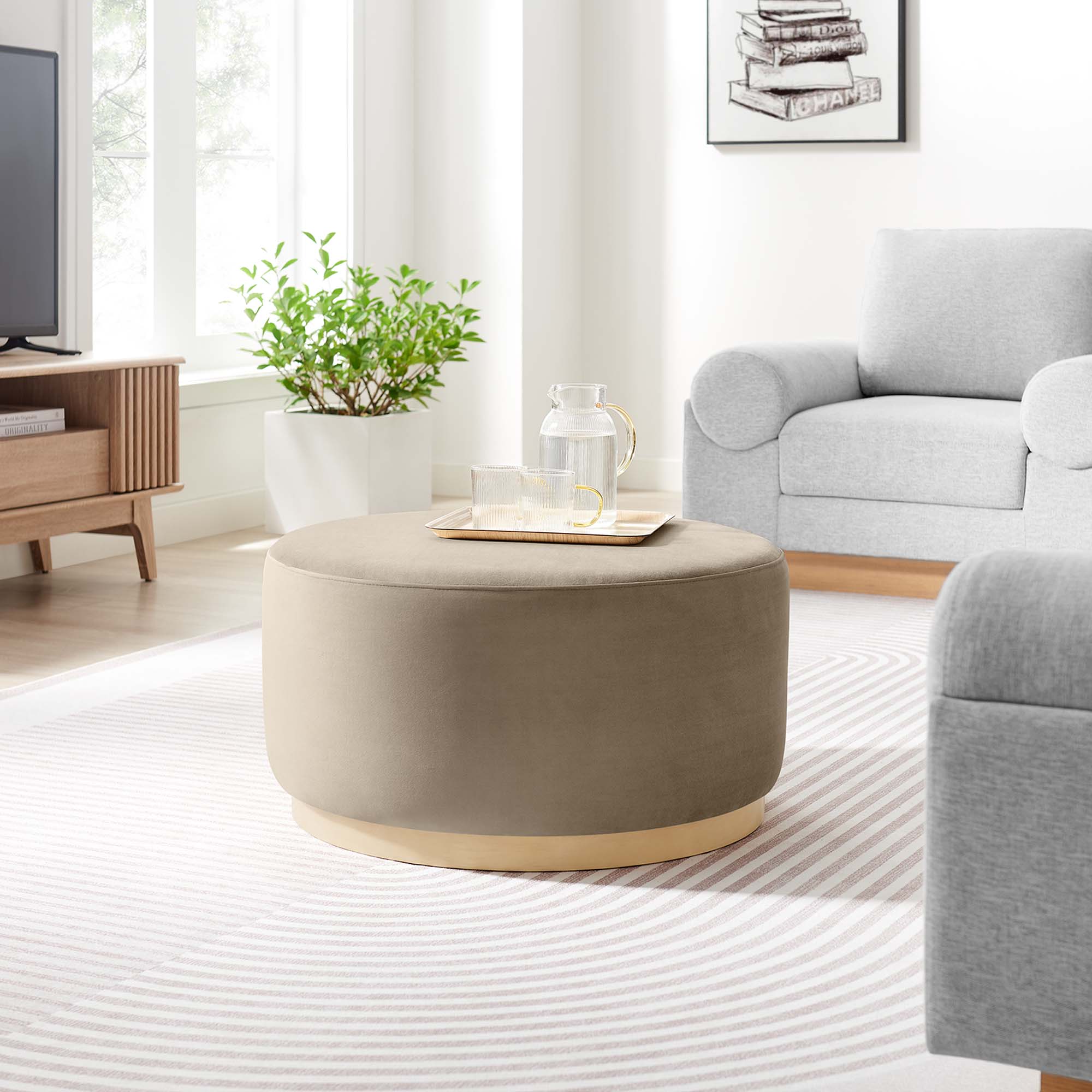 Tilden Large 29" Round Performance Velvet Upholstered Ottoman, Taupe Natural