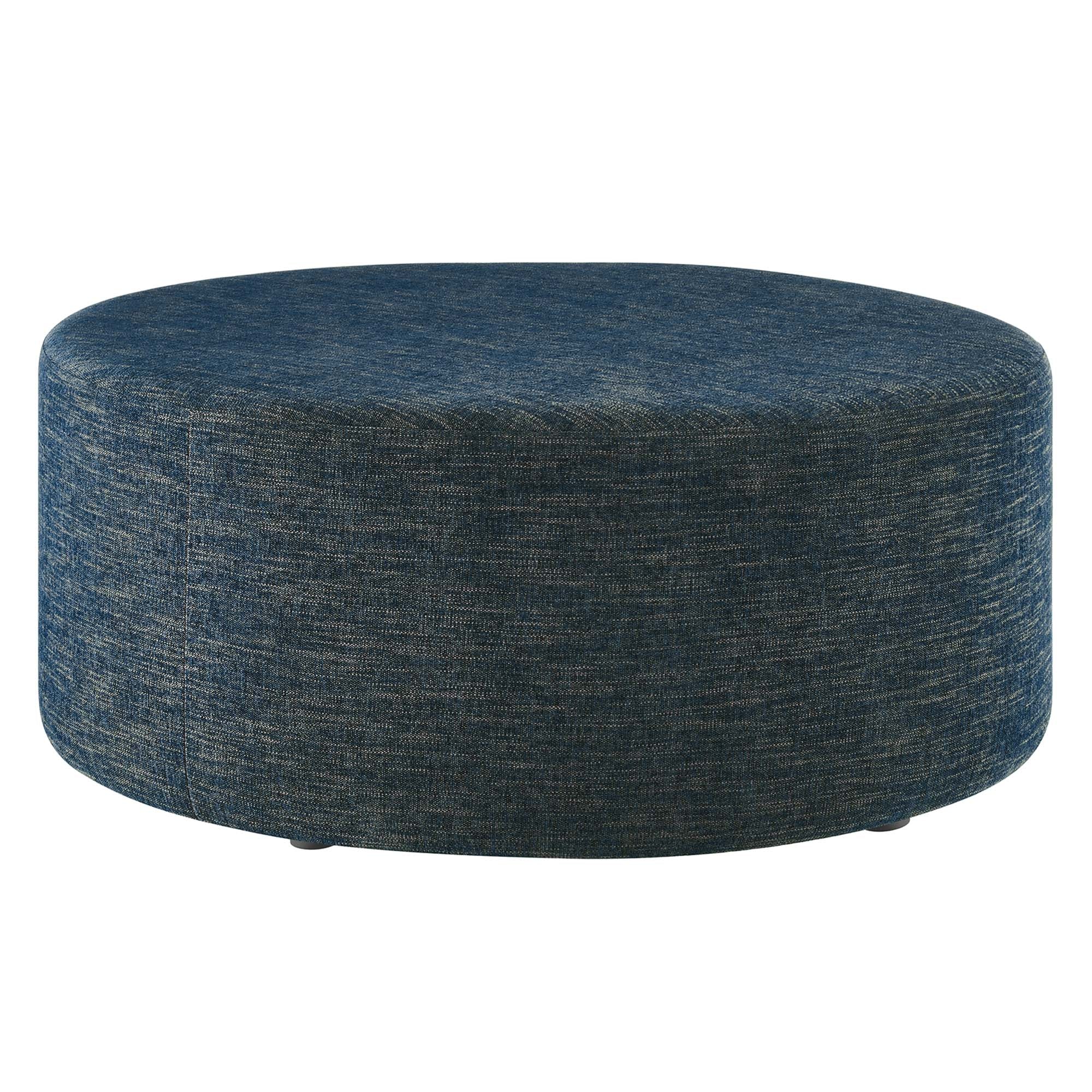 Callum Large 38" Round Woven Heathered Fabric Upholstered Ottoman, Heathered Weave Azure