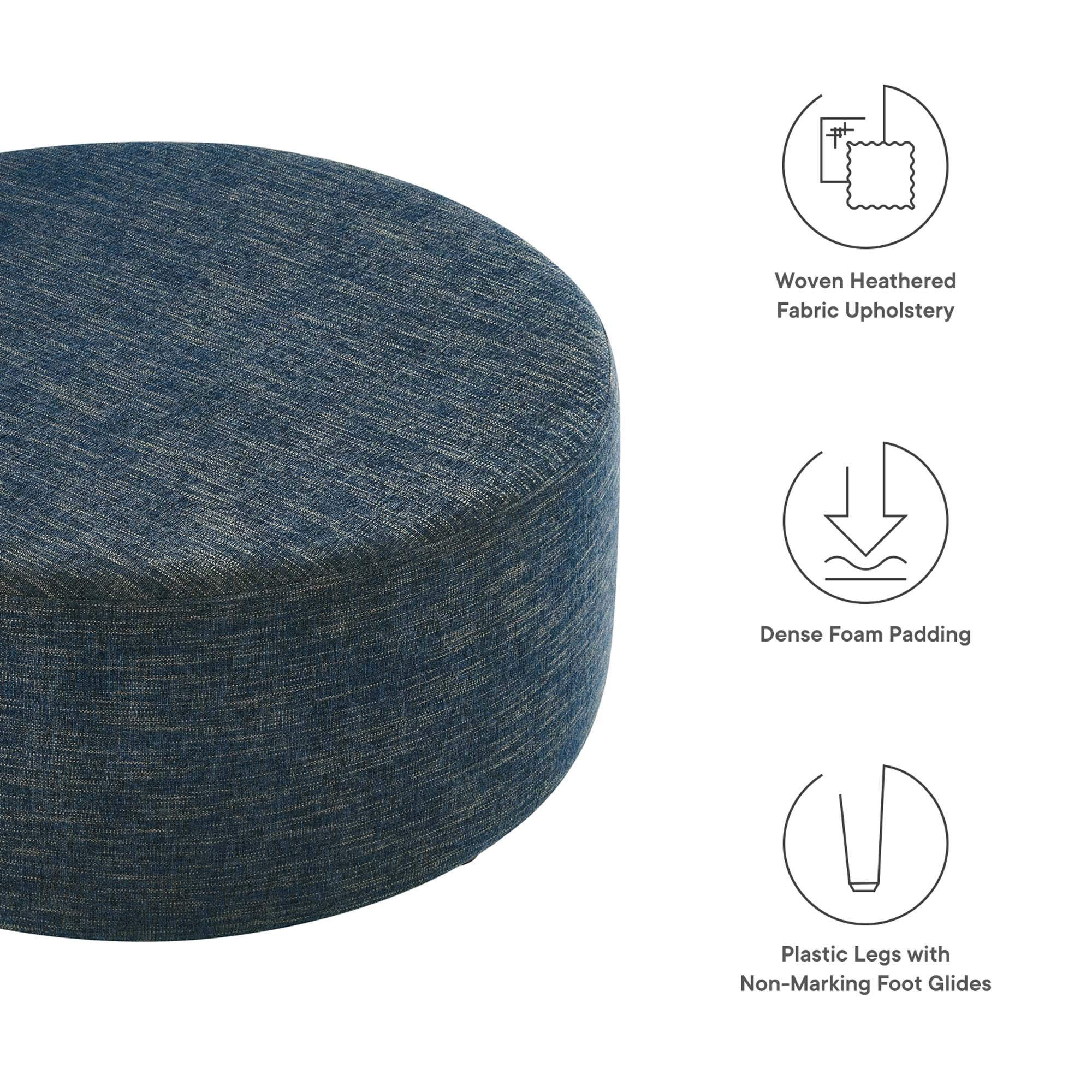 Callum Large 38" Round Woven Heathered Fabric Upholstered Ottoman, Heathered Weave Azure