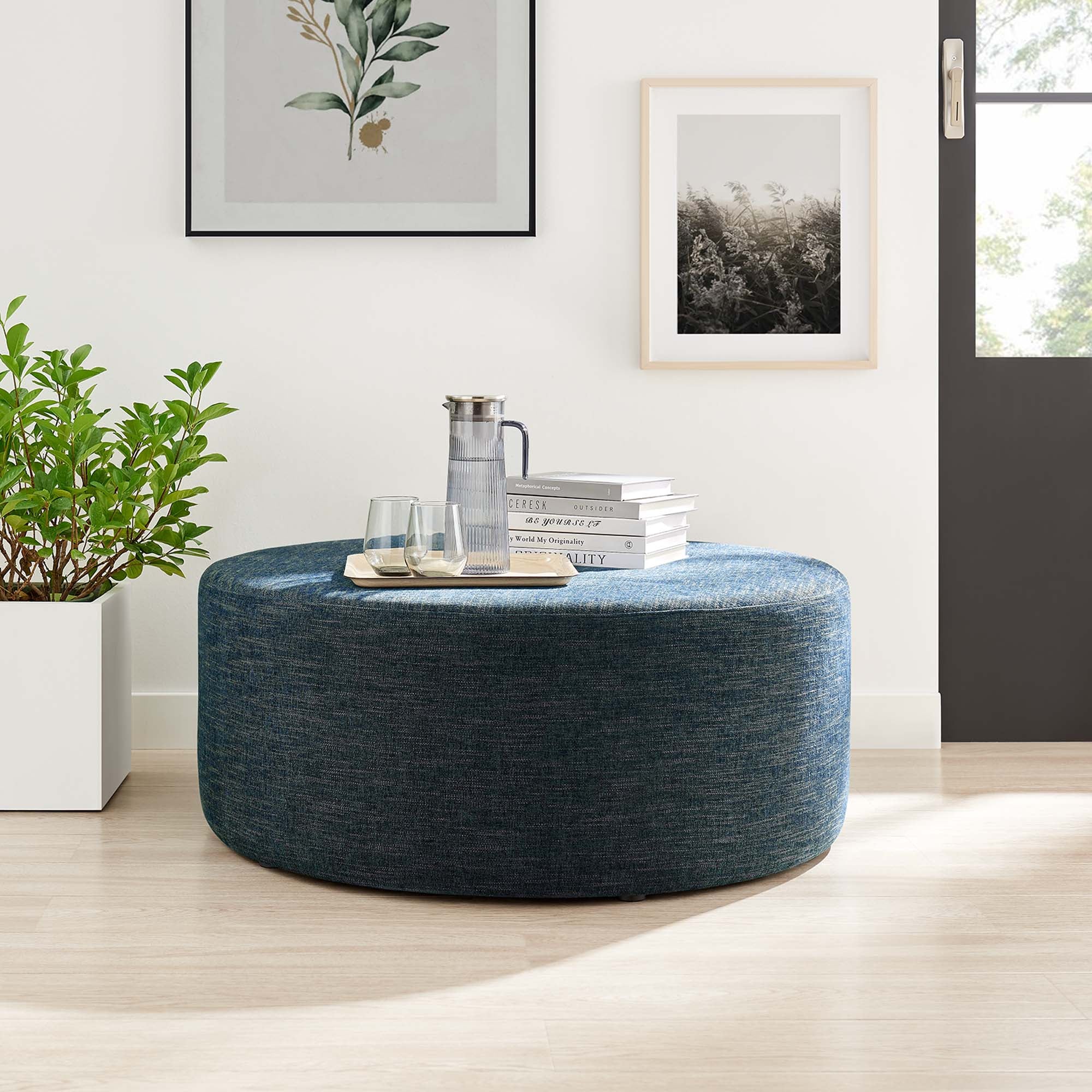 Callum Large 38" Round Woven Heathered Fabric Upholstered Ottoman, Heathered Weave Azure