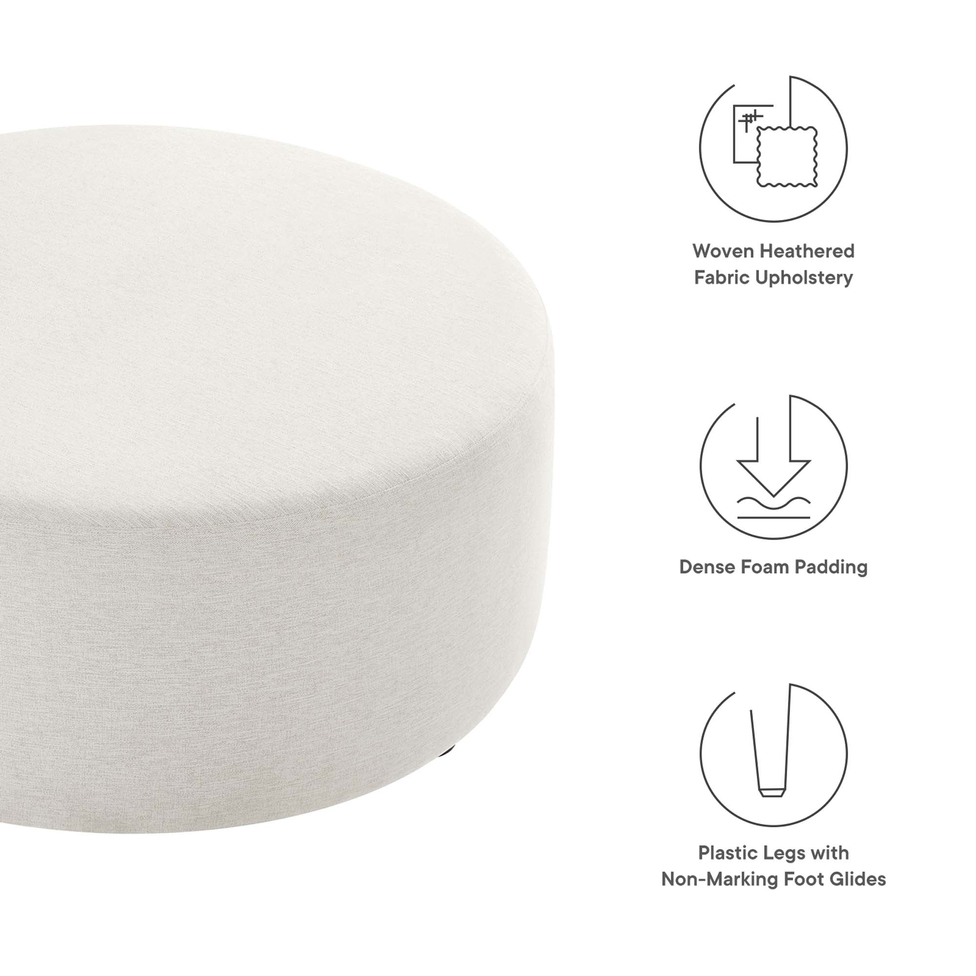 Callum Large 38" Round Woven Heathered Fabric Upholstered Ottoman, Heathered Weave Ivory
