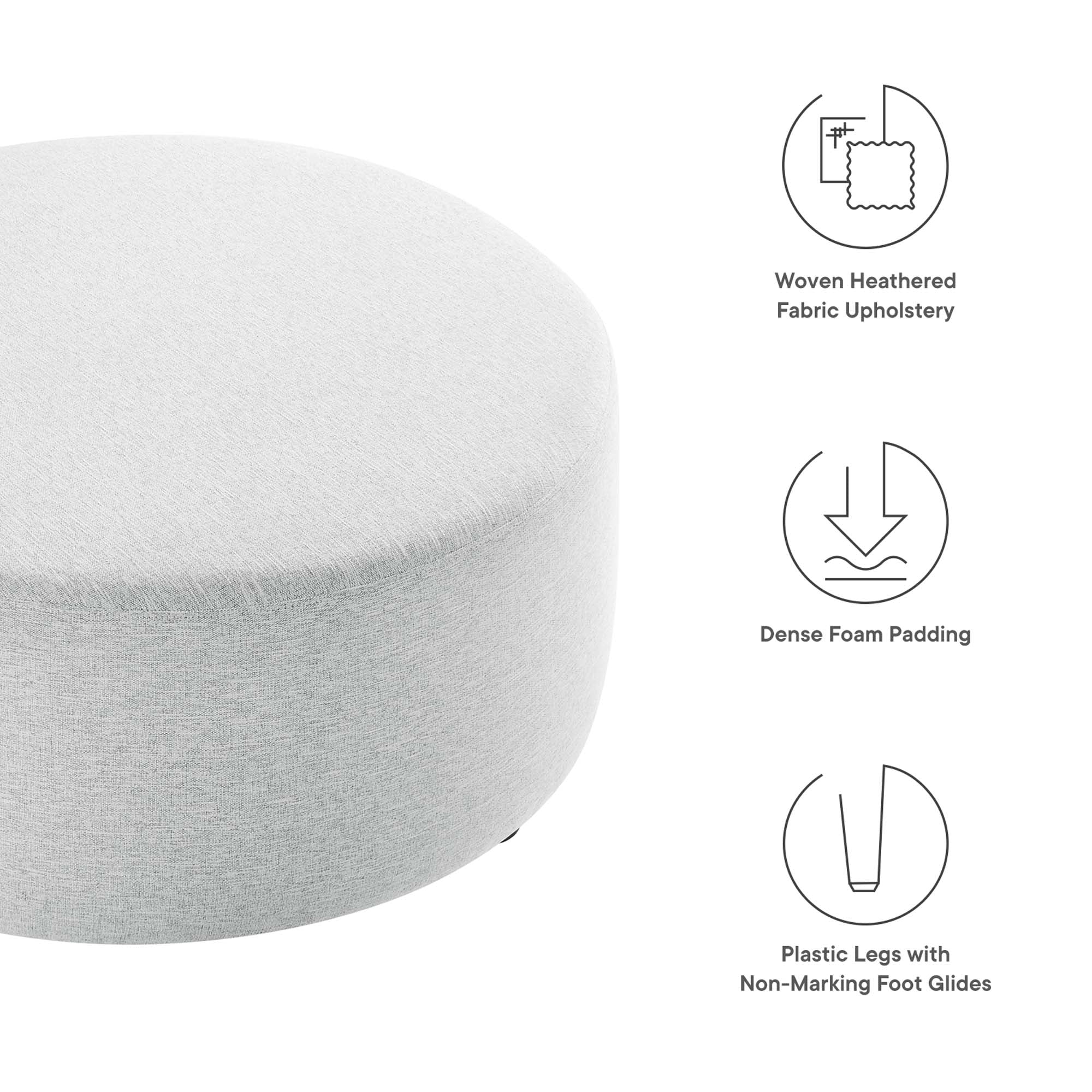 Callum Large 38" Round Woven Heathered Fabric Upholstered Ottoman, Heathered Weave Light Gray
