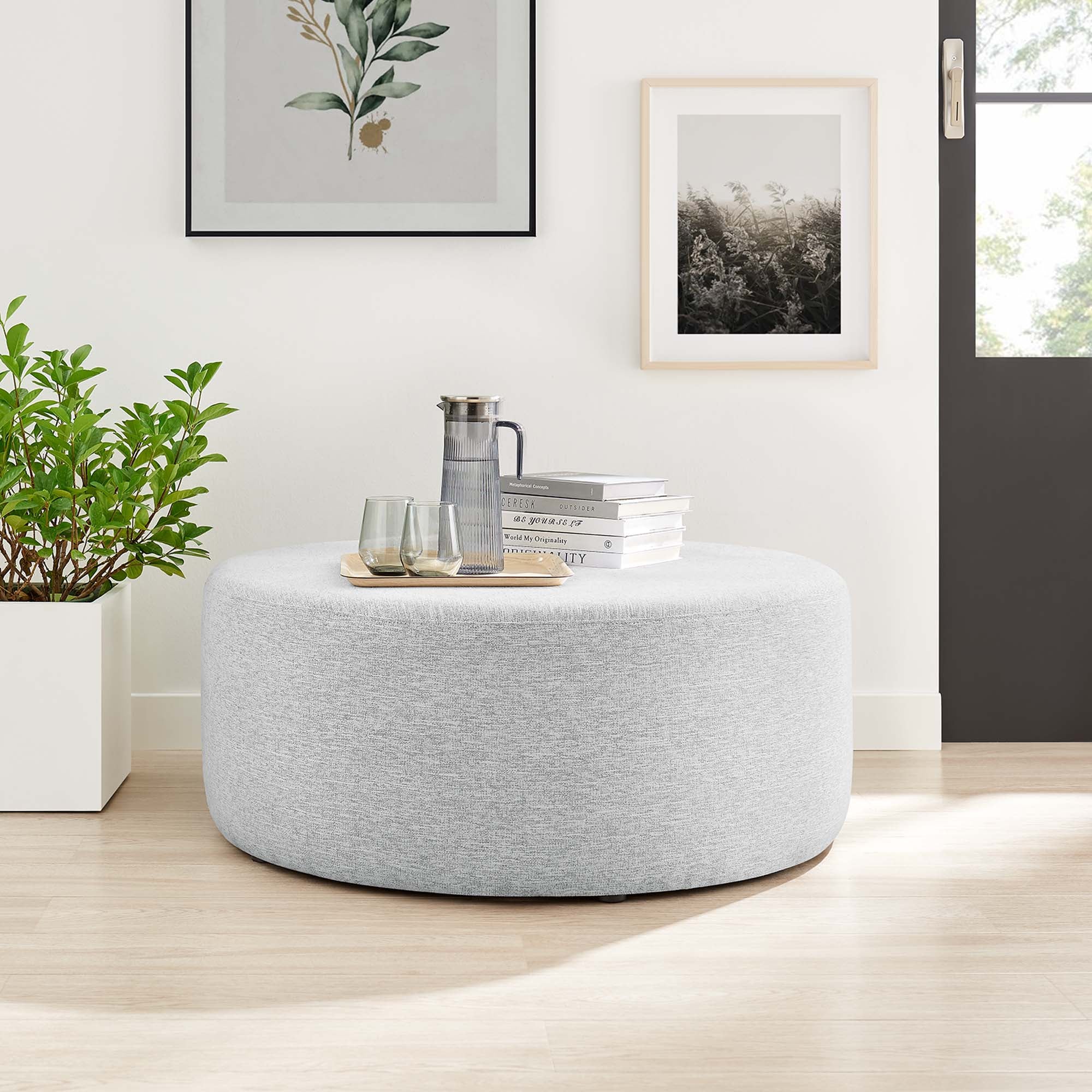Callum Large 38" Round Woven Heathered Fabric Upholstered Ottoman, Heathered Weave Light Gray