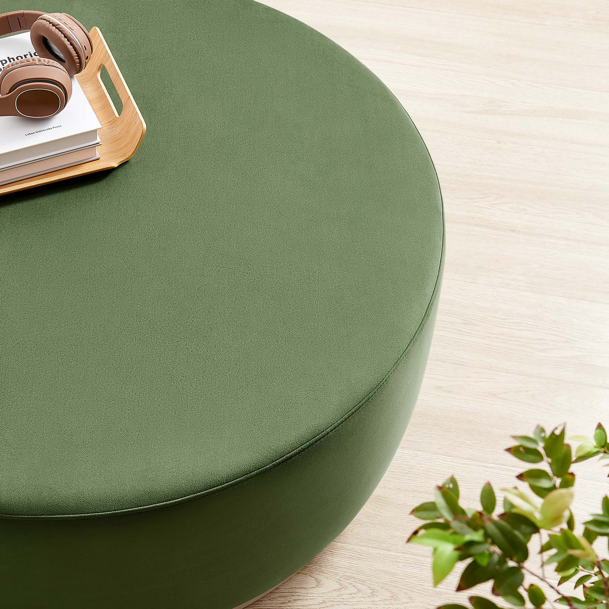 Tilden Large 38" Round Performance Velvet Upholstered Ottoman, Moss Green Natural