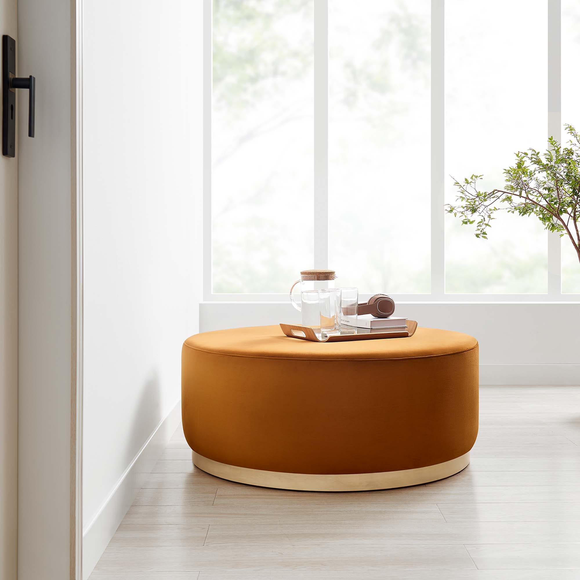 Tilden Large 38" Round Performance Velvet Upholstered Ottoman, Rust Natural