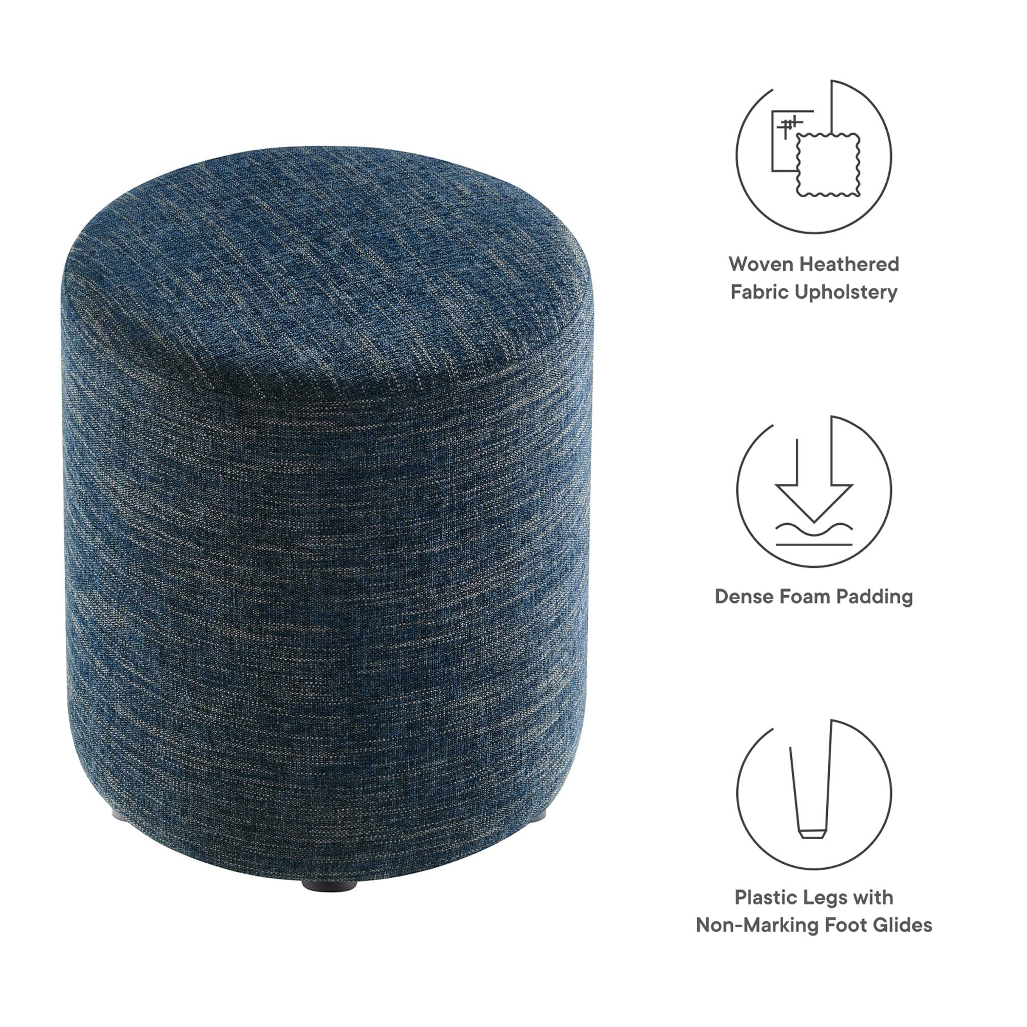 Callum 16" Round Woven Heathered Fabric Upholstered Ottoman, Heathered Weave Azure