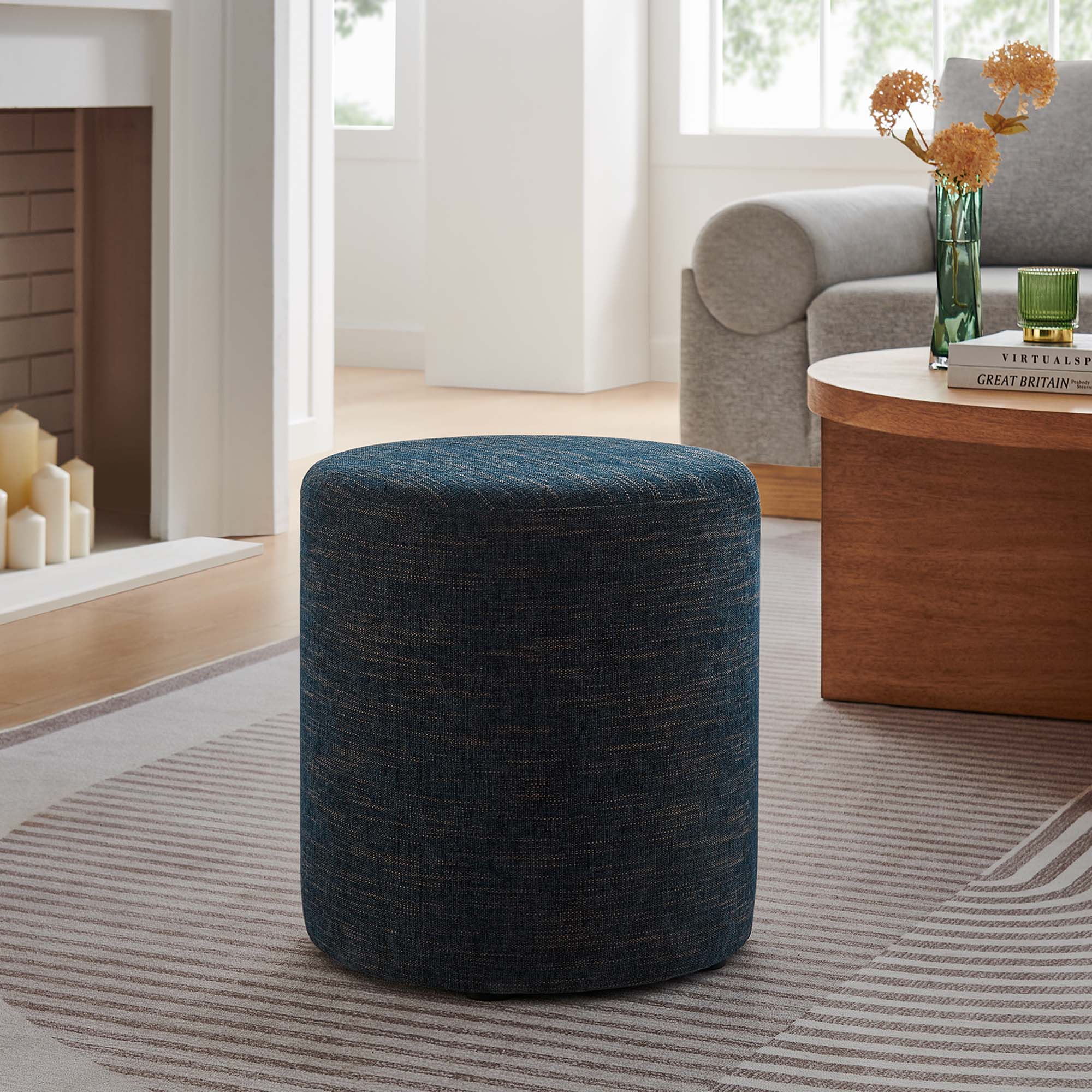 Callum 16" Round Woven Heathered Fabric Upholstered Ottoman, Heathered Weave Azure