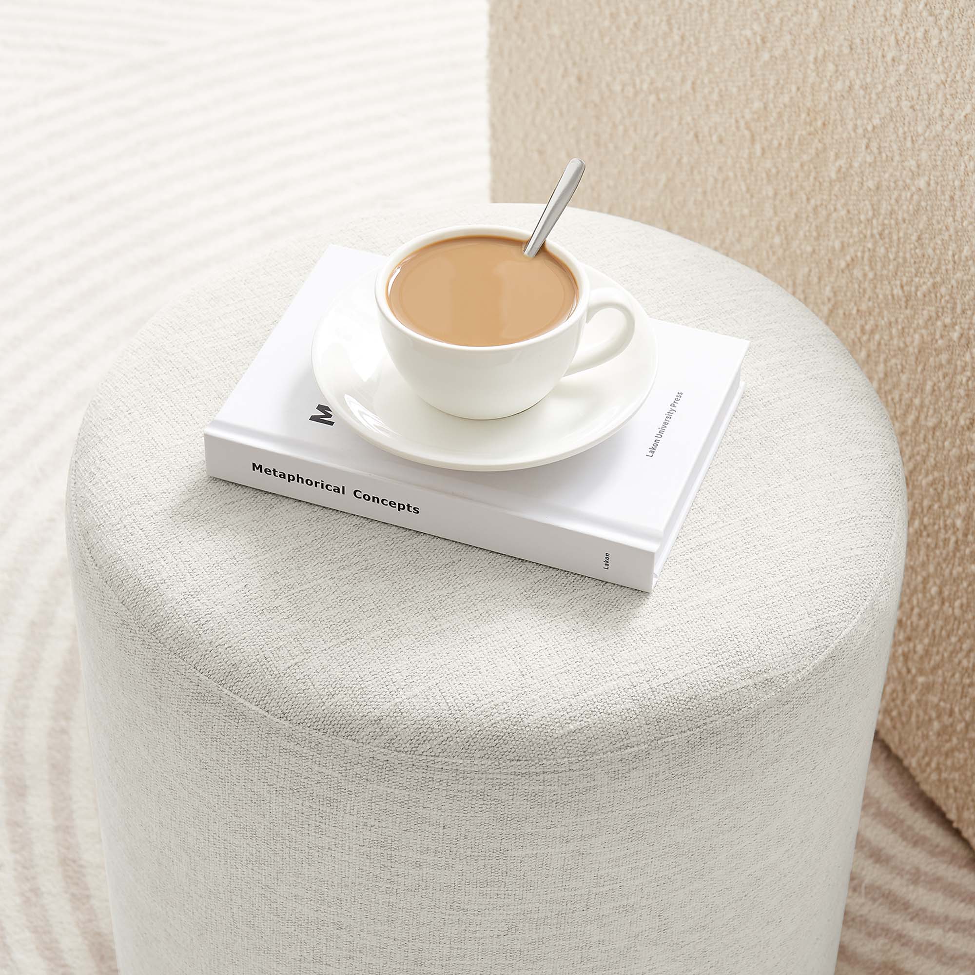 Callum 16" Round Woven Heathered Fabric Upholstered Ottoman, Heathered Weave Ivory