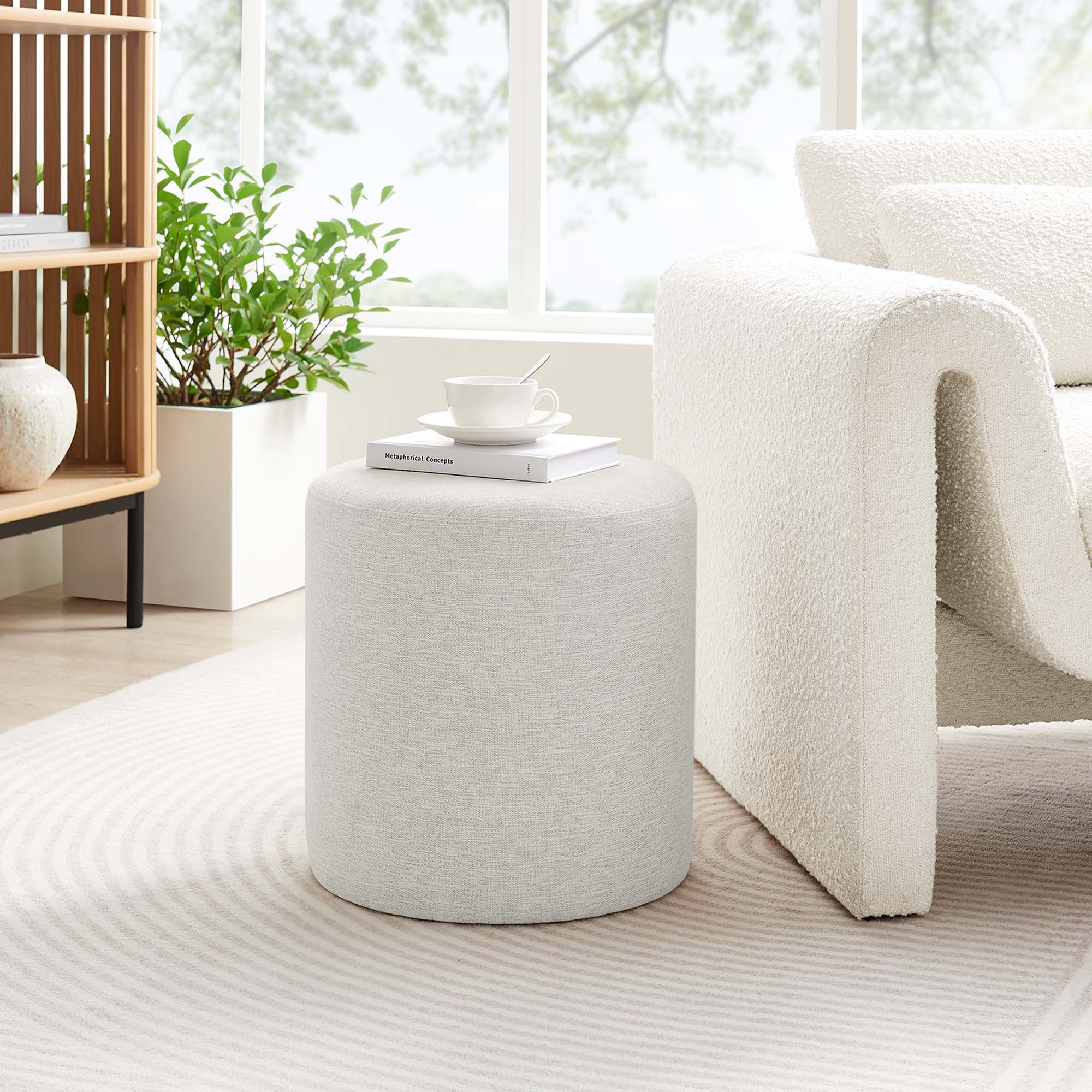 Callum 16" Round Woven Heathered Fabric Upholstered Ottoman, Heathered Weave Ivory