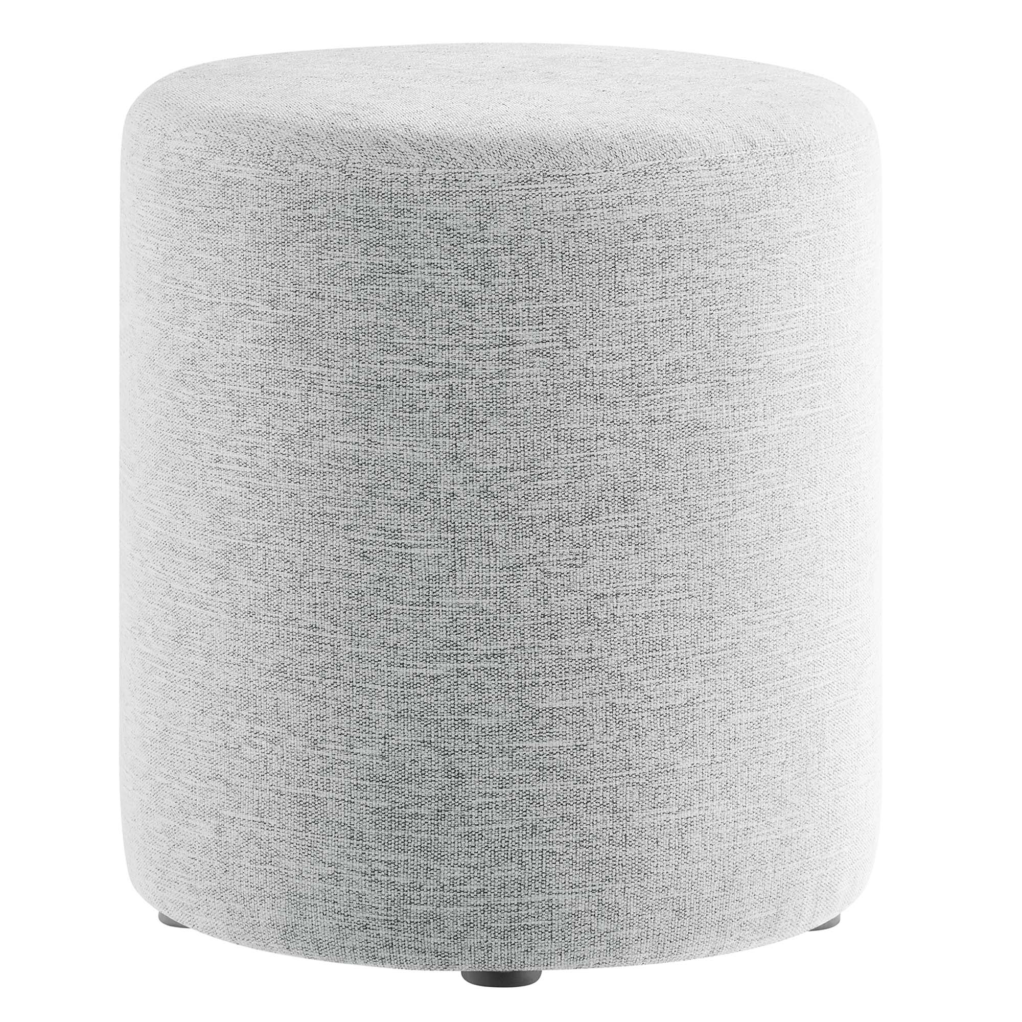 Callum 16" Round Woven Heathered Fabric Upholstered Ottoman, Heathered Weave Light Gray