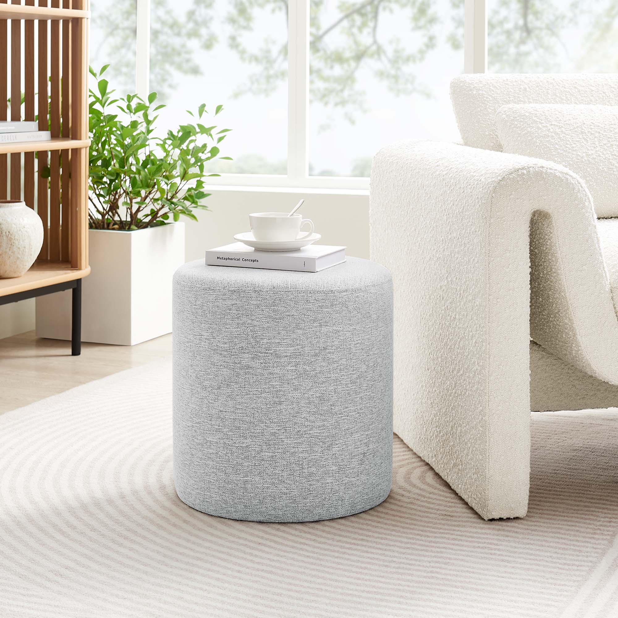 Callum 16" Round Woven Heathered Fabric Upholstered Ottoman, Heathered Weave Light Gray