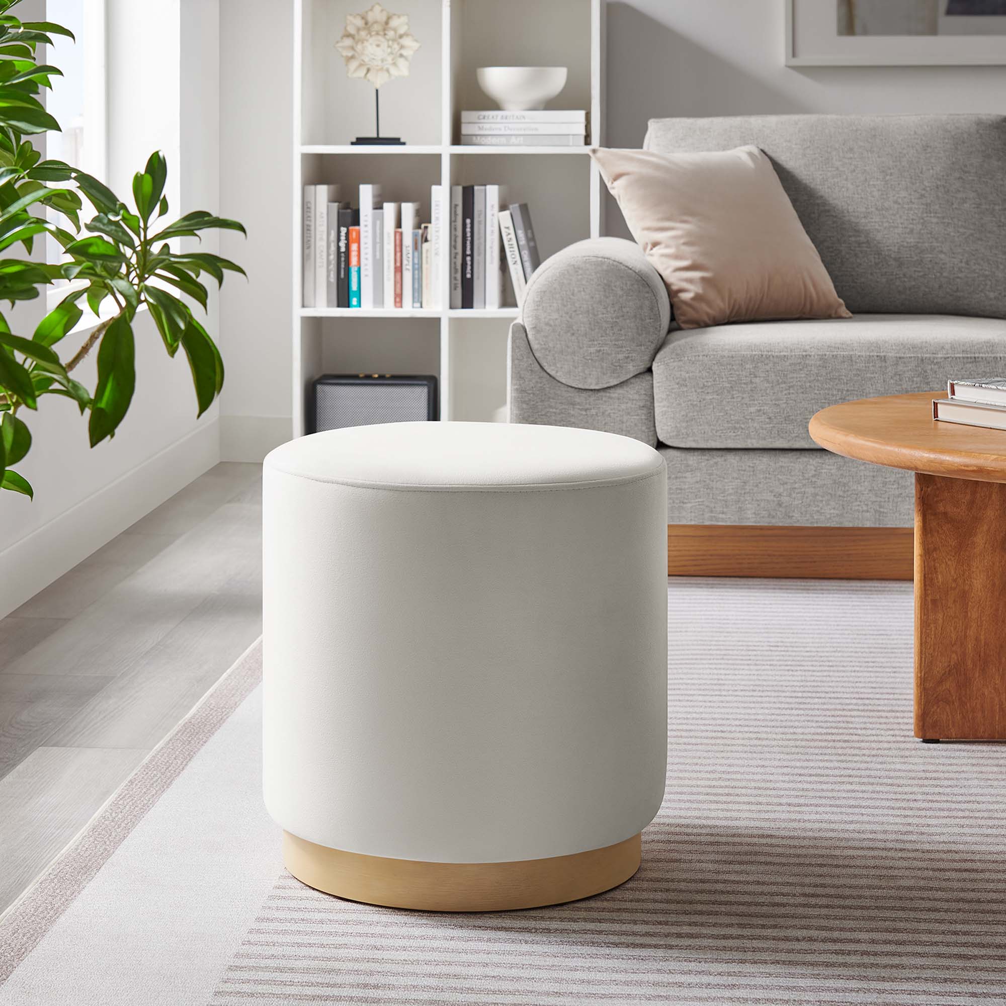 Tilden 16" Round Performance Velvet Upholstered Ottoman, Alabaster Natural
