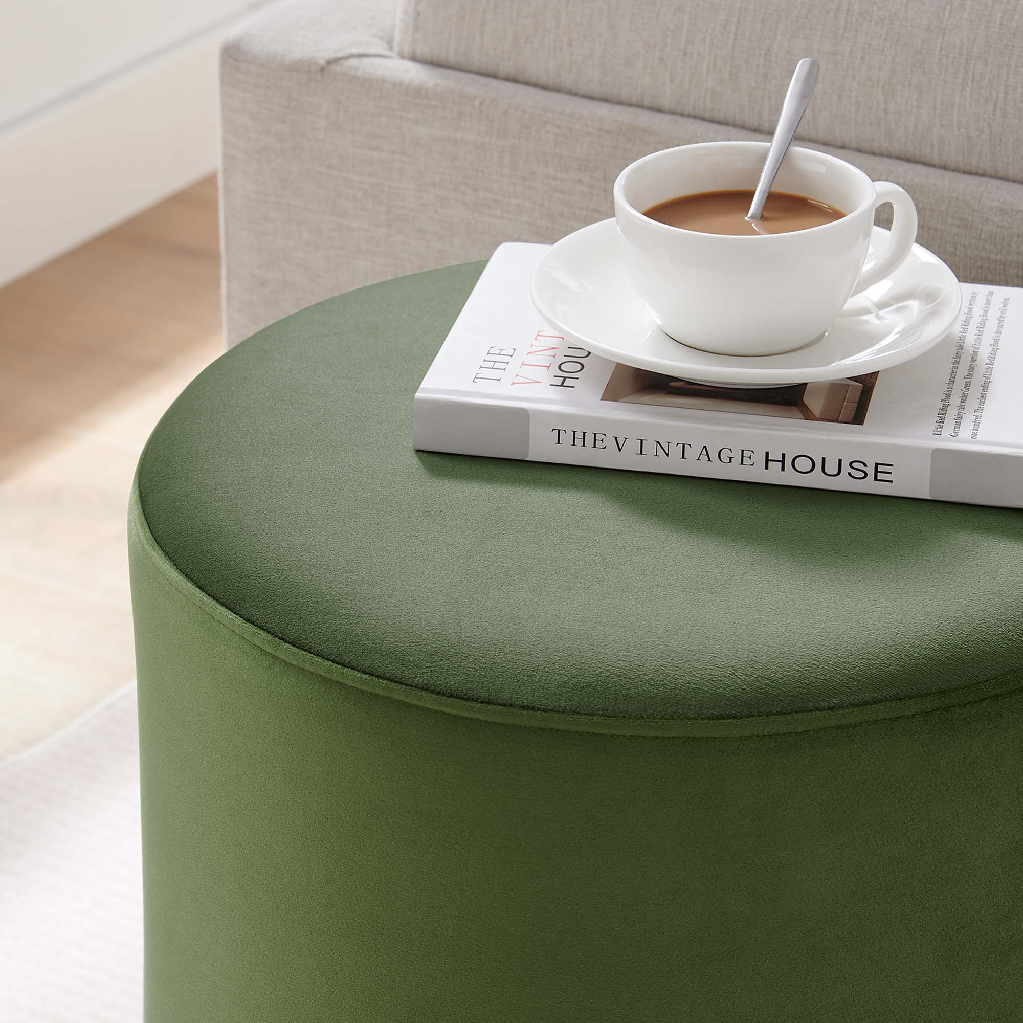 Tilden 16" Round Performance Velvet Upholstered Ottoman, Moss Green Natural
