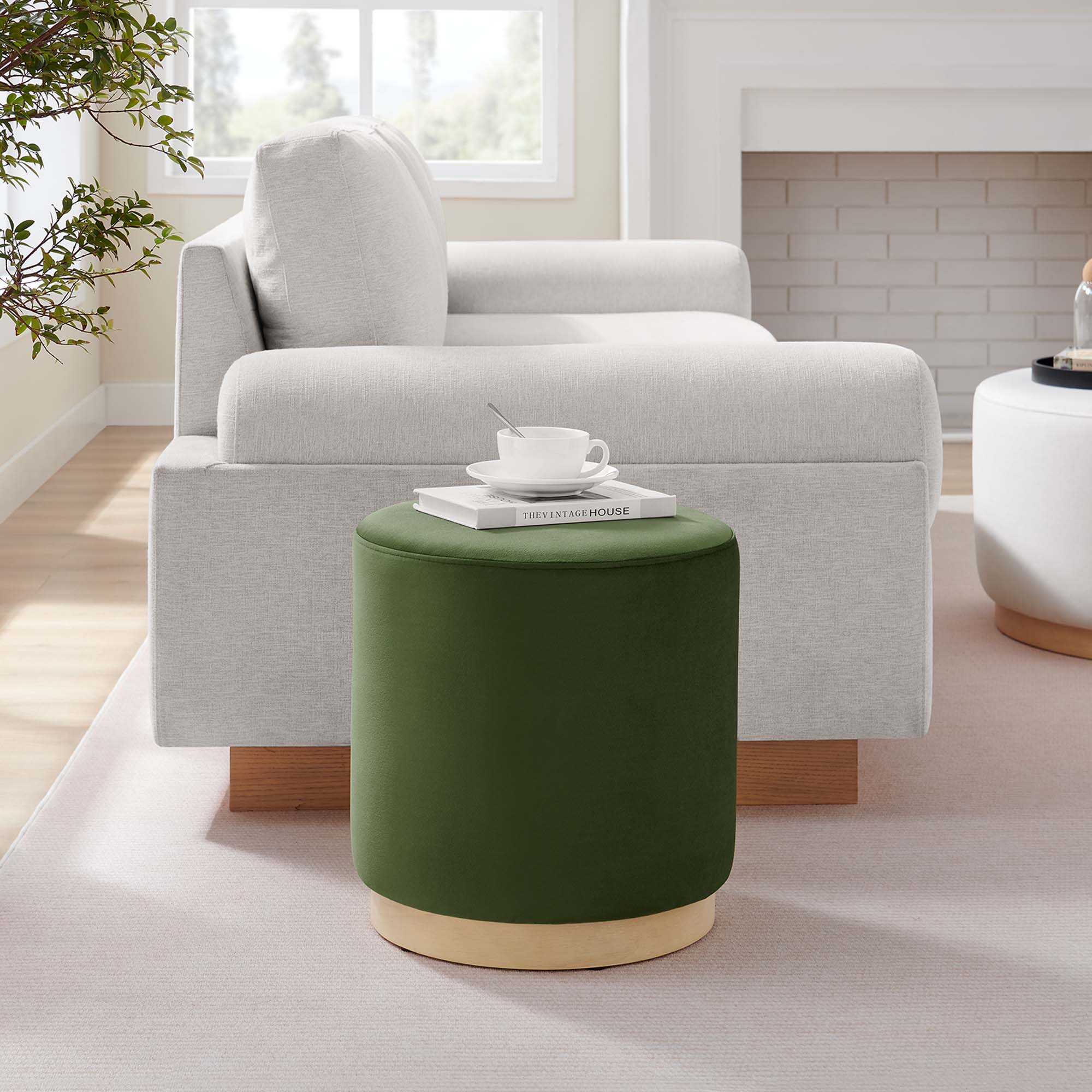 Tilden 16" Round Performance Velvet Upholstered Ottoman, Moss Green Natural