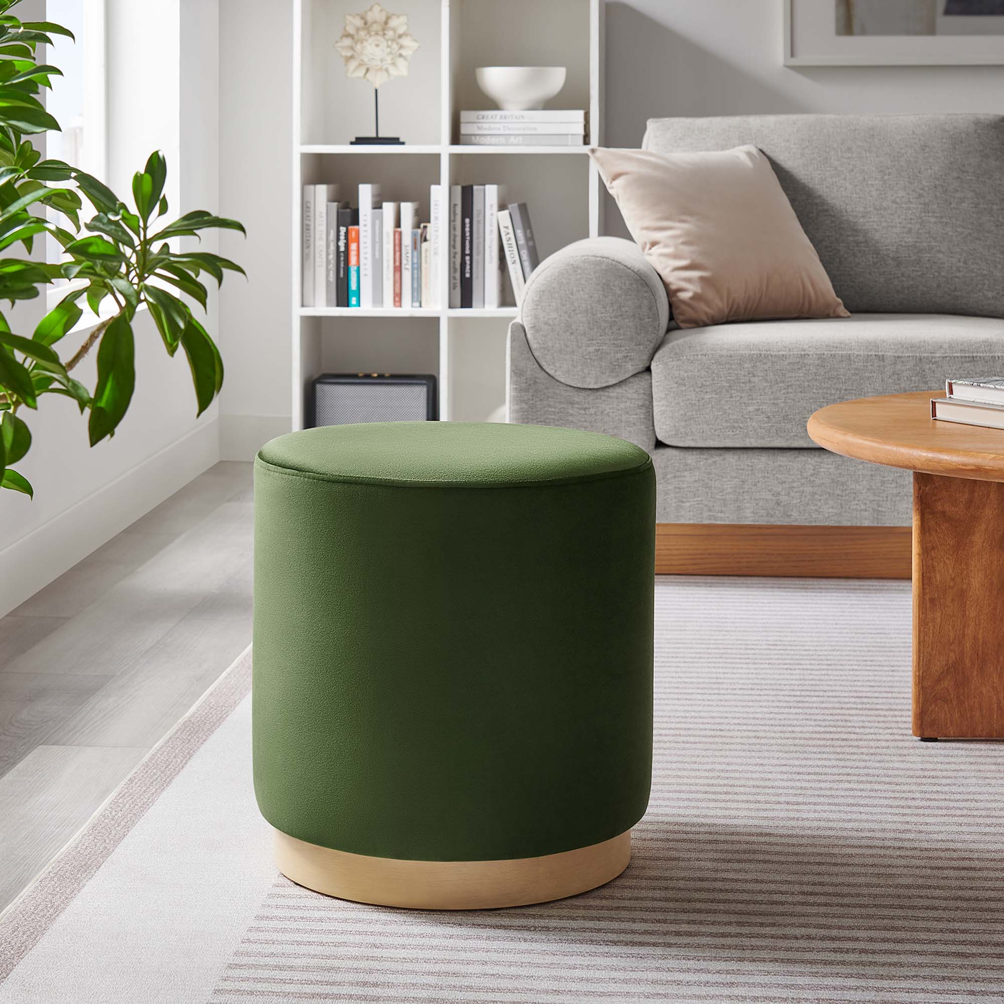 Tilden 16" Round Performance Velvet Upholstered Ottoman, Moss Green Natural