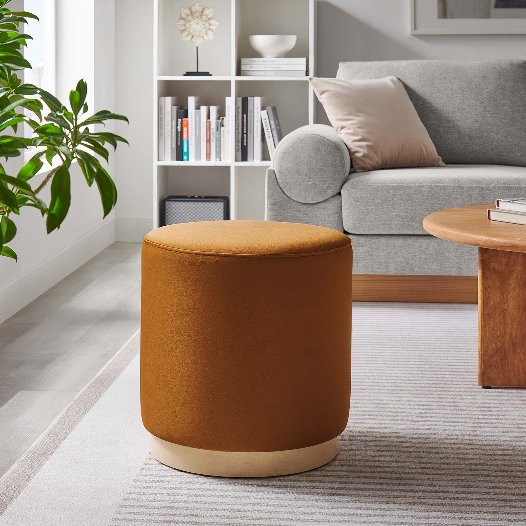 Tilden 16" Round Performance Velvet Upholstered Ottoman, Rust Natural