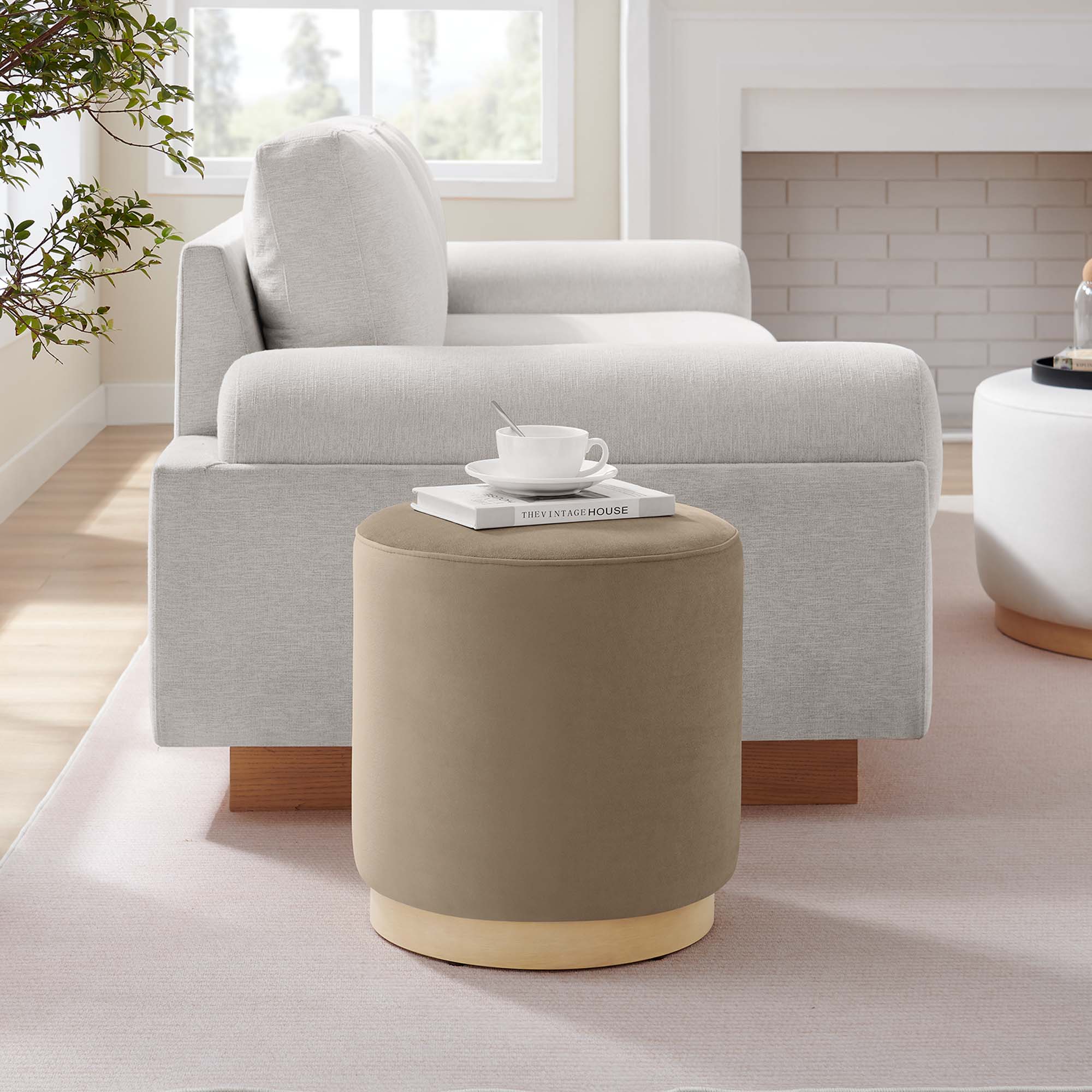 Tilden 16" Round Performance Velvet Upholstered Ottoman, Taupe Natural