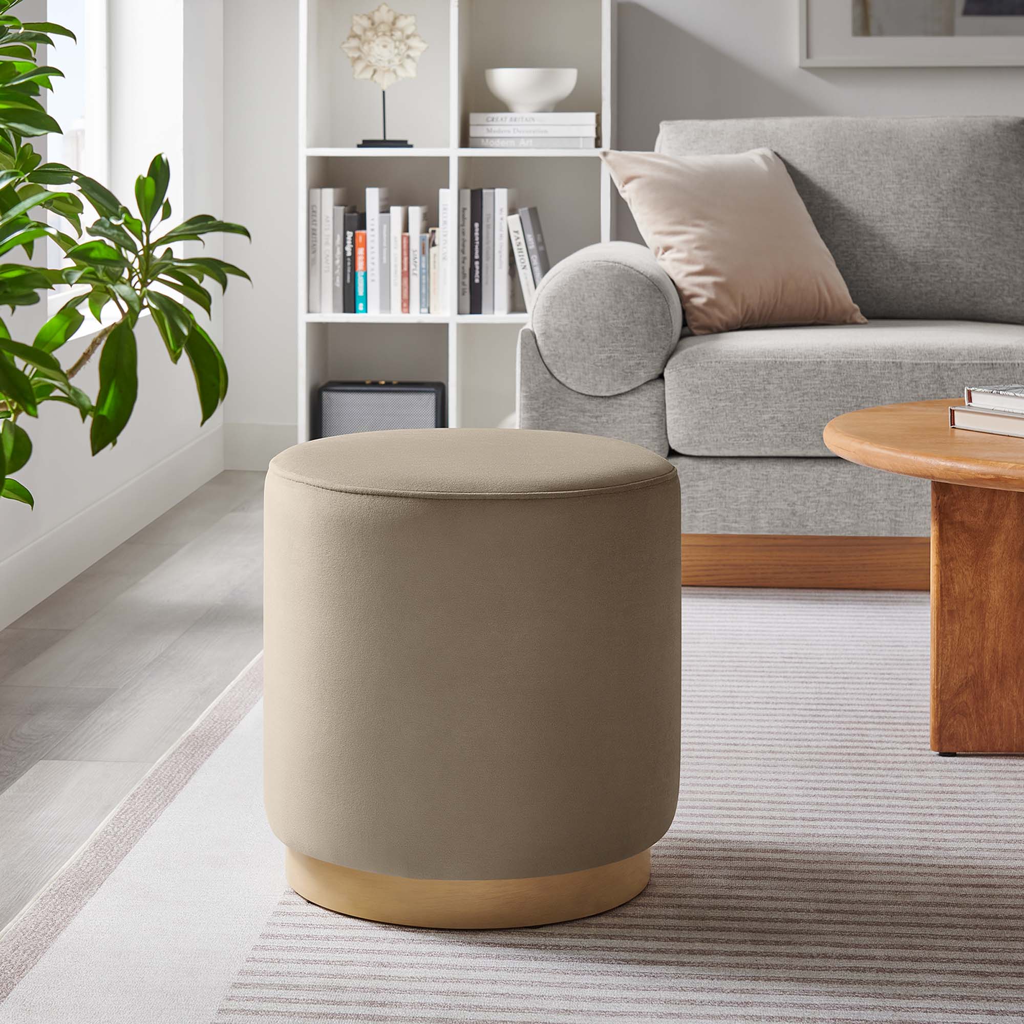 Tilden 16" Round Performance Velvet Upholstered Ottoman, Taupe Natural