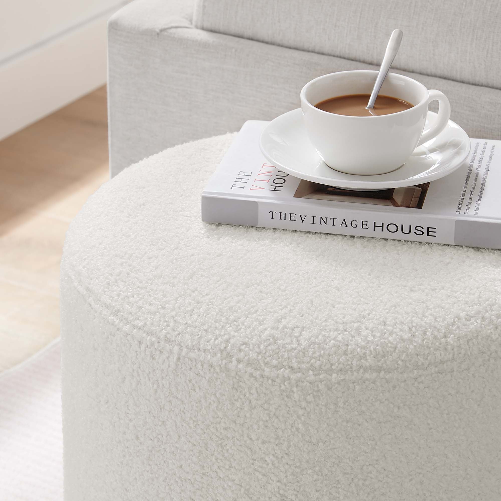 Tilden 16" Round Sherpa Upholstered Ottoman, Ivory Natural