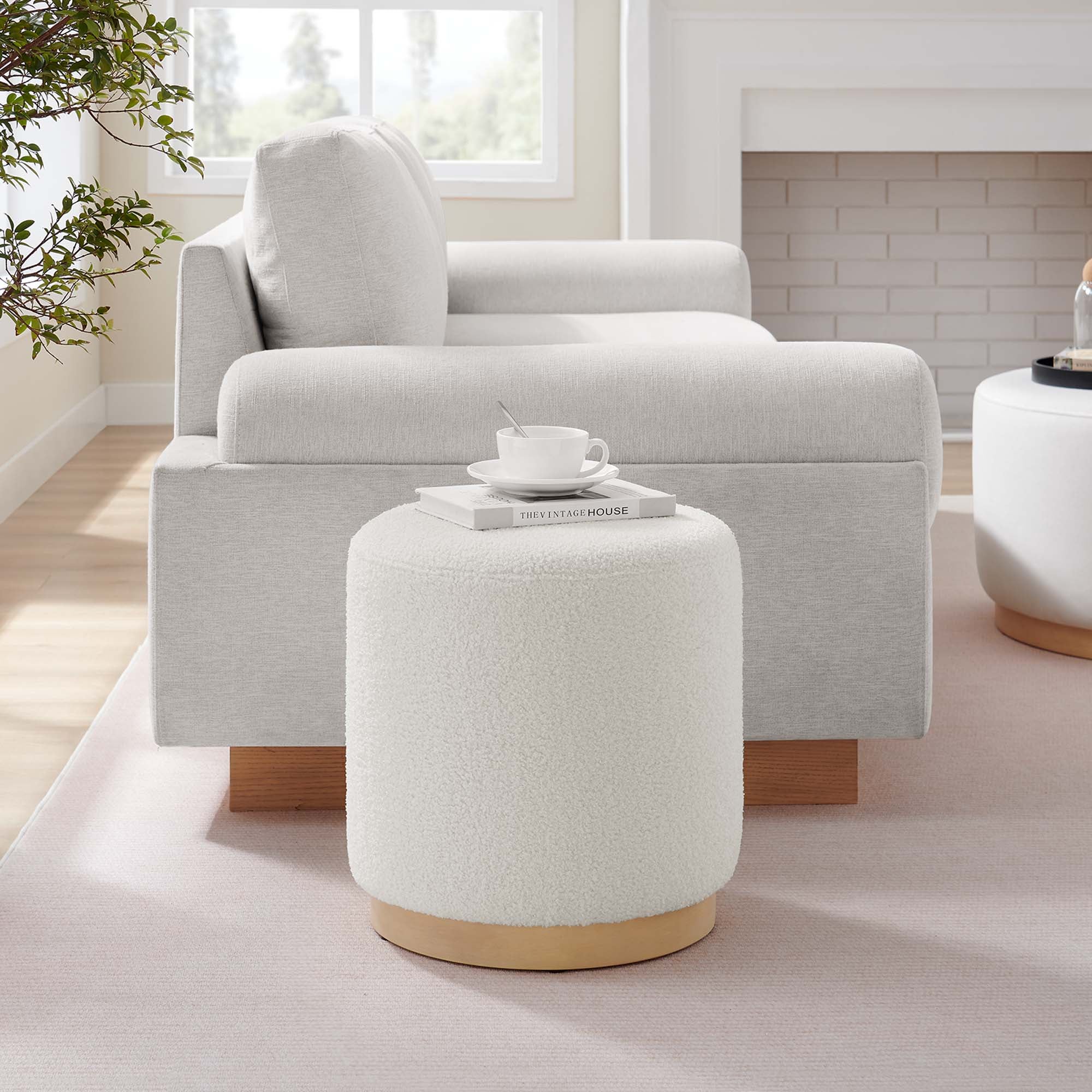Tilden 16" Round Sherpa Upholstered Ottoman, Ivory Natural