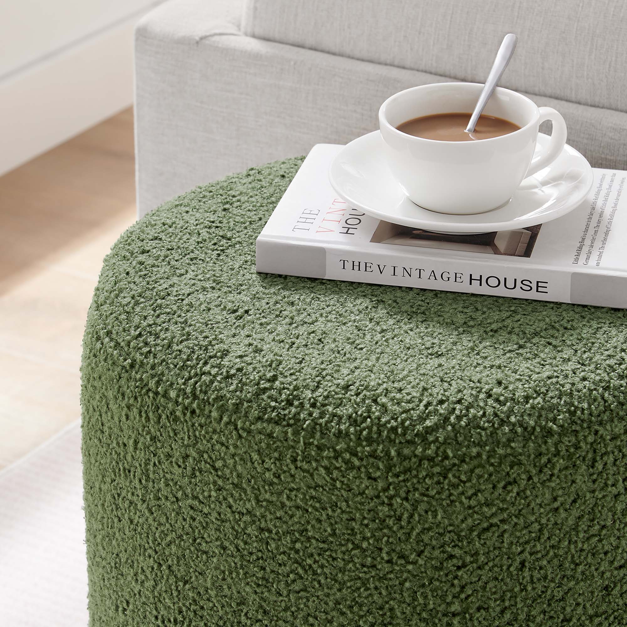 Tilden 16" Round Sherpa Upholstered Ottoman, Moss Green Natural