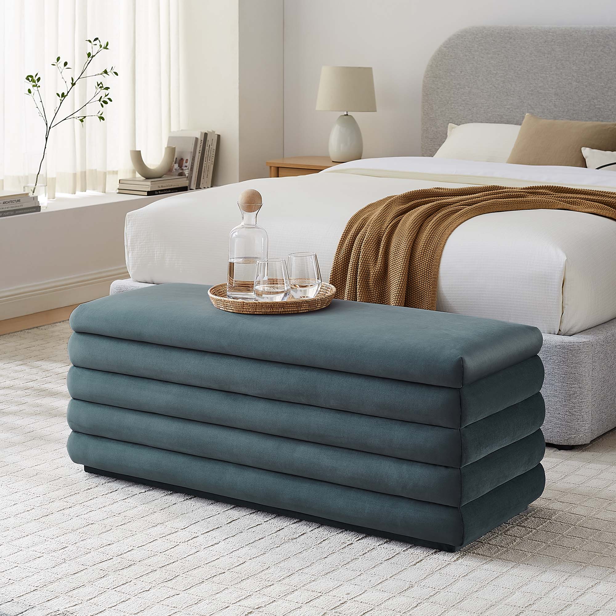 Mezzo Upholstered Performance Velvet Storage Bench, Cadet Blue