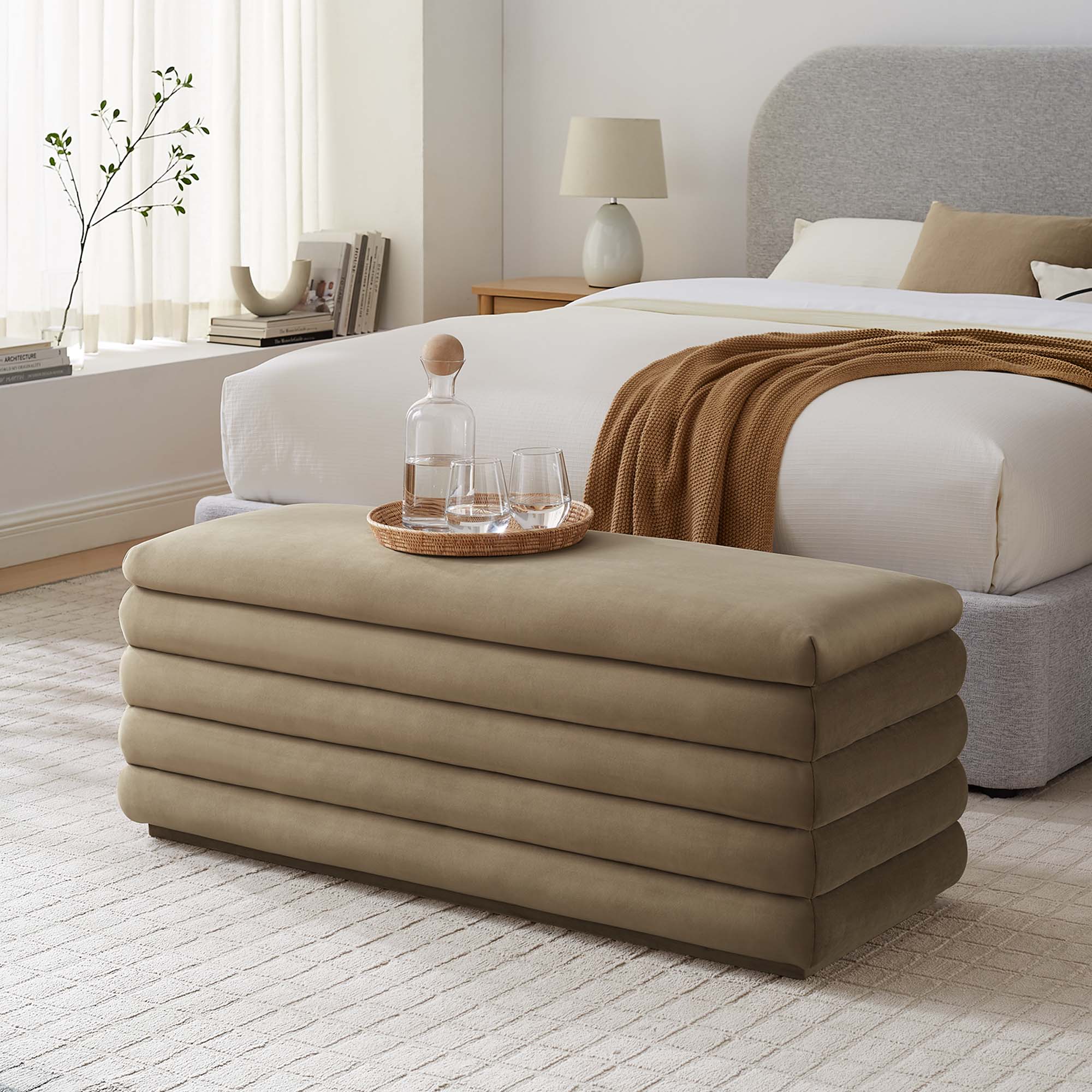 Mezzo Upholstered Performance Velvet Storage Bench, Taupe