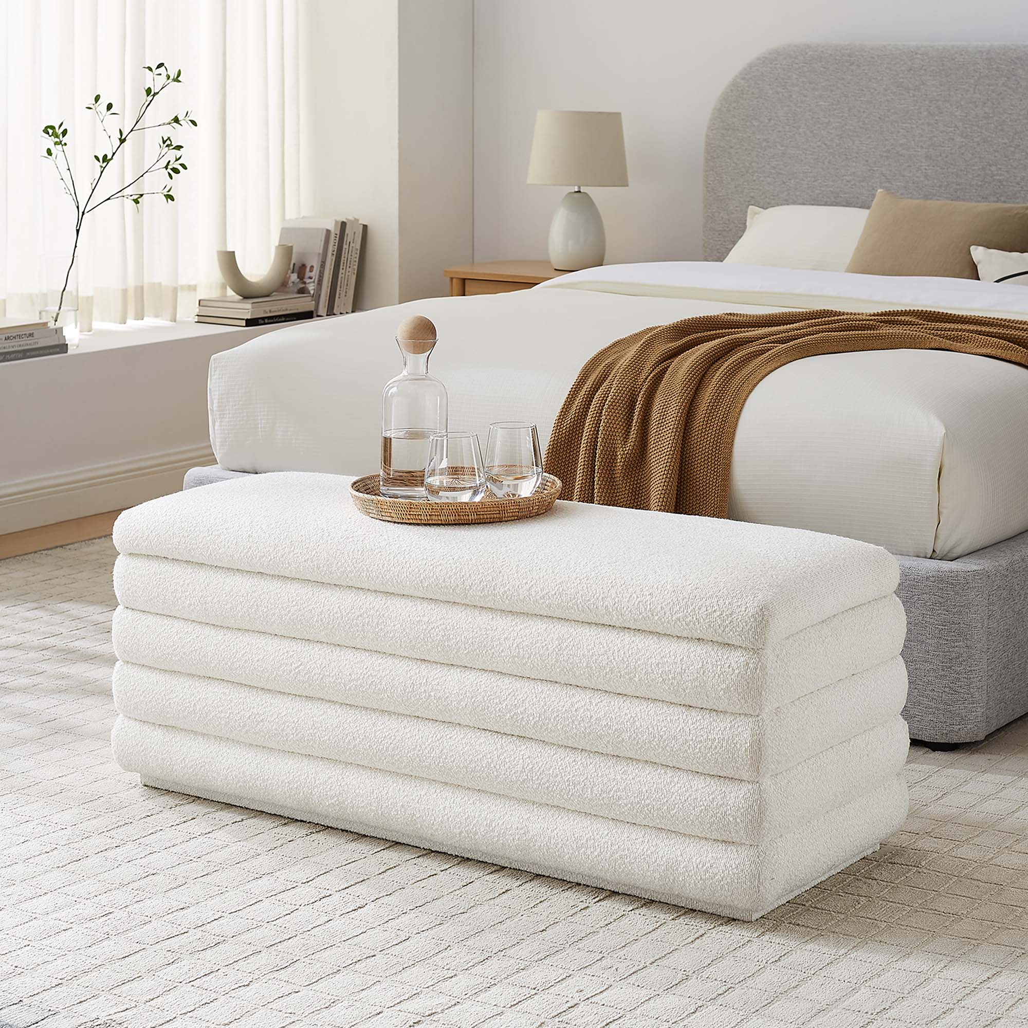 Mezzo Boucle Upholstered Storage Bench, Cloud