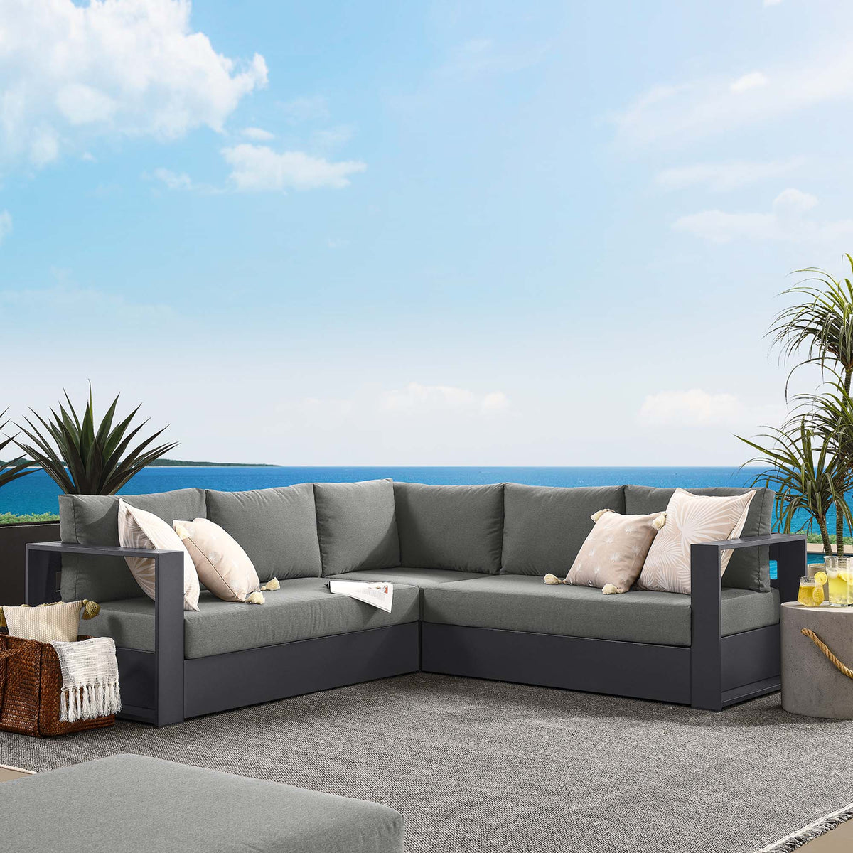 Tahoe 3-Piece Outdoor Patio Powder-Coated Aluminum Sectional Sofa Set, Gray Charcoal
