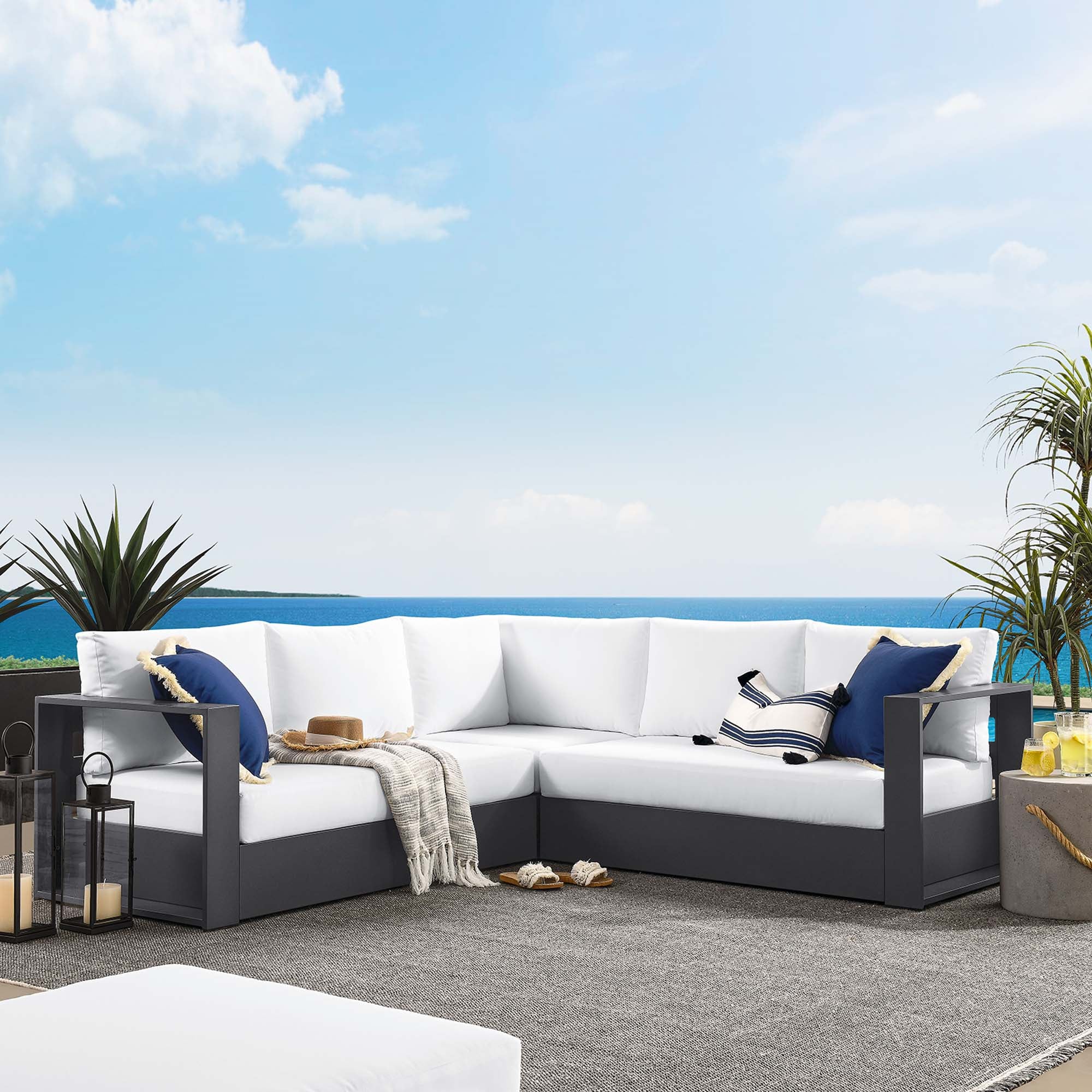 Tahoe 3-Piece Outdoor Patio Powder-Coated Aluminum Sectional Sofa Set, Gray White