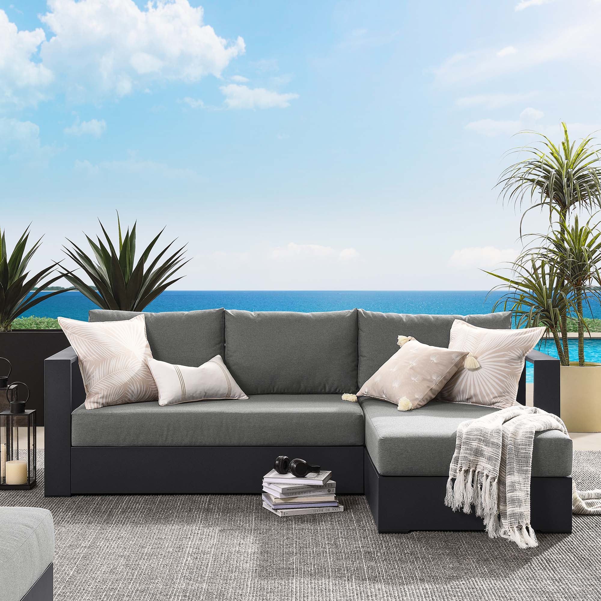 Tahoe 2-Piece Outdoor Patio Powder-Coated Aluminum Right-Facing Chaise Sectional Sofa Set, Gray Charcoal