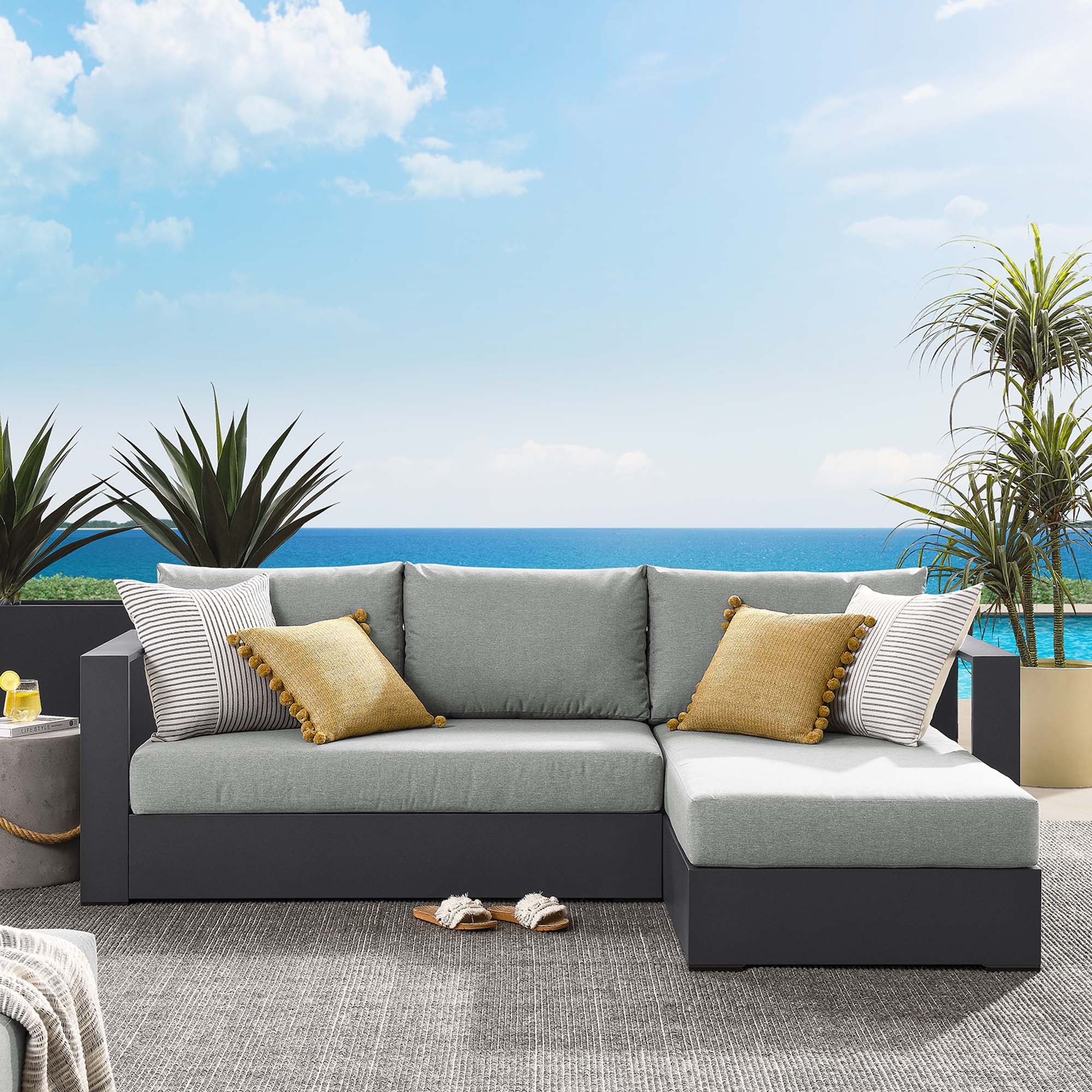 Tahoe 2-Piece Outdoor Patio Powder-Coated Aluminum Right-Facing Chaise Sectional Sofa Set, Gray Gray