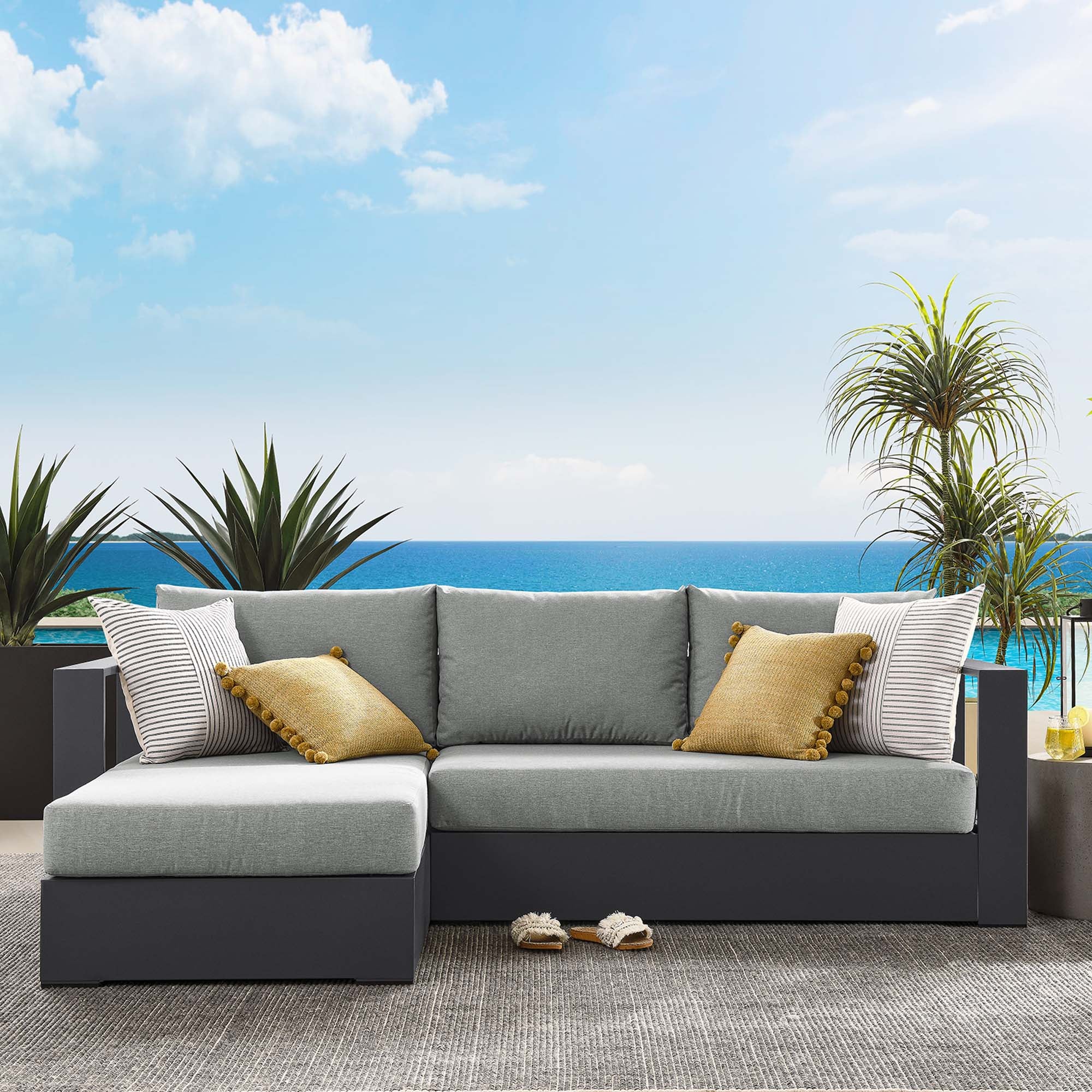 Tahoe 2-Piece Outdoor Patio Powder-Coated Aluminum Left-Facing Chaise Sectional Sofa Set, Gray Gray