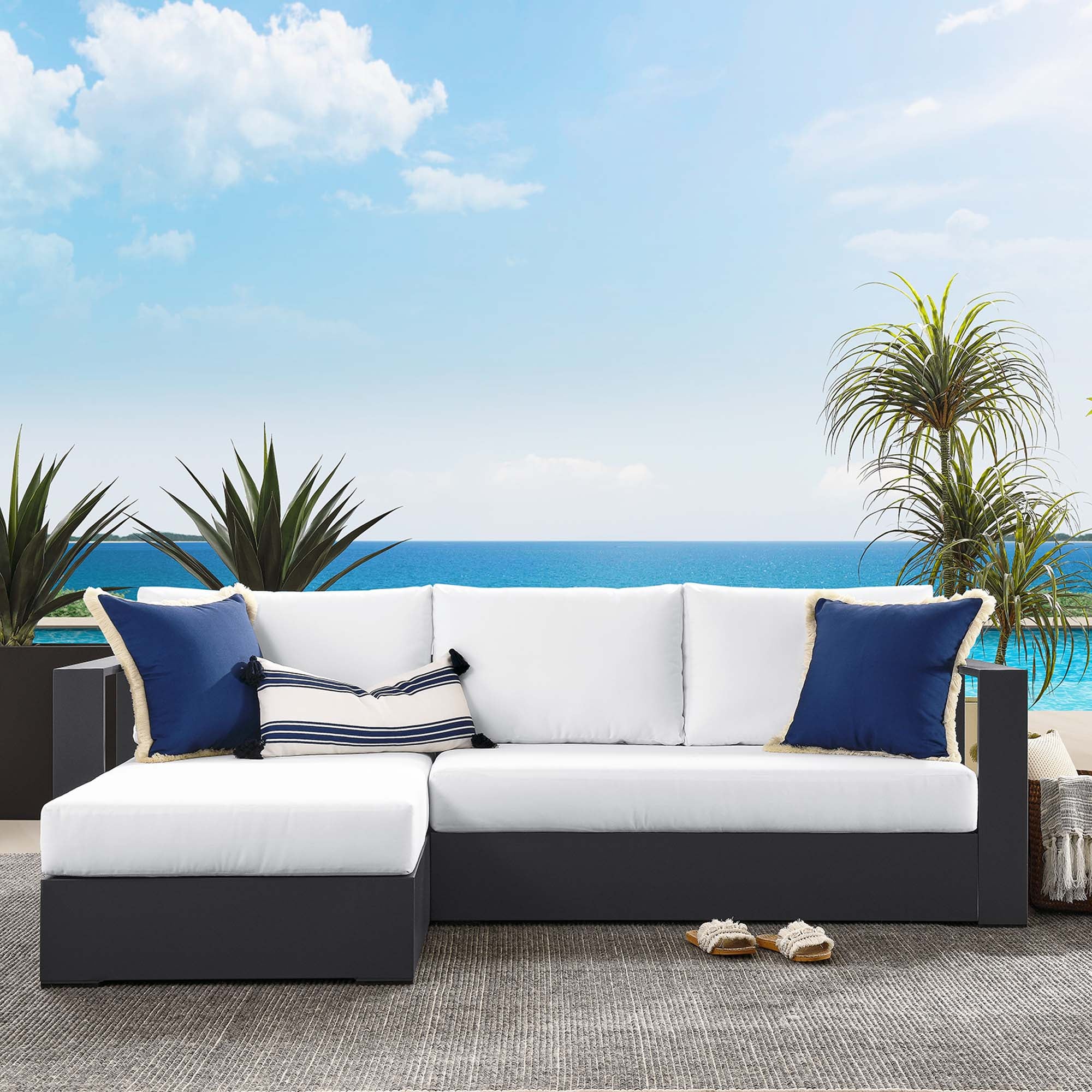 Tahoe 2-Piece Outdoor Patio Powder-Coated Aluminum Left-Facing Chaise Sectional Sofa Set, Gray White