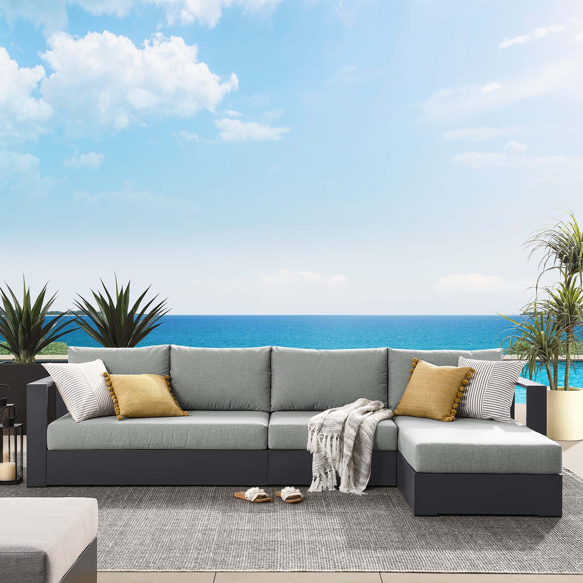 Tahoe 3-Piece Outdoor Patio Powder-Coated Aluminum Right-Facing Chaise Sectional Sofa Set, Gray Gray