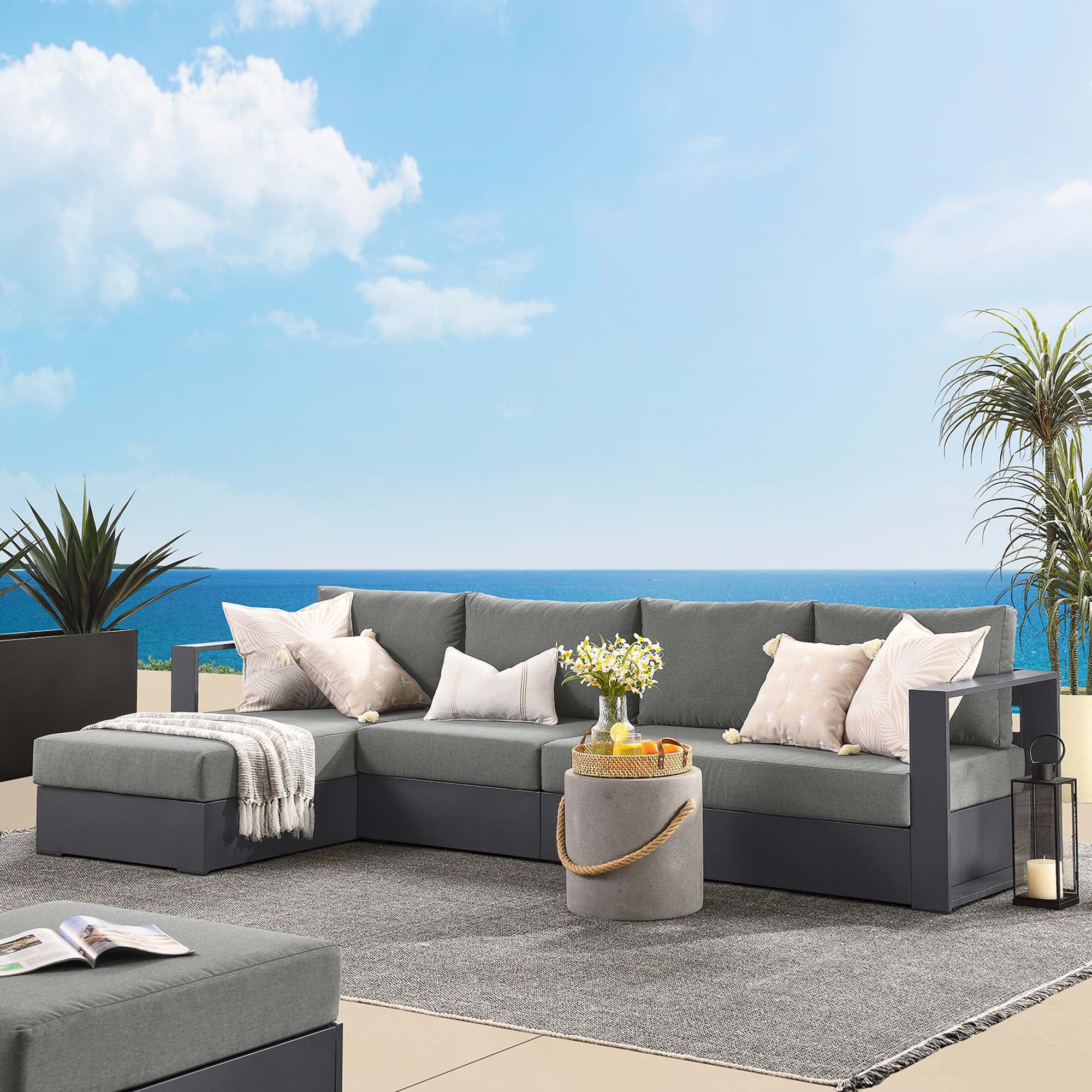Tahoe 3-Piece Outdoor Patio Powder-Coated Aluminum Left-Facing Chaise Sectional Sofa Set, Gray Charcoal